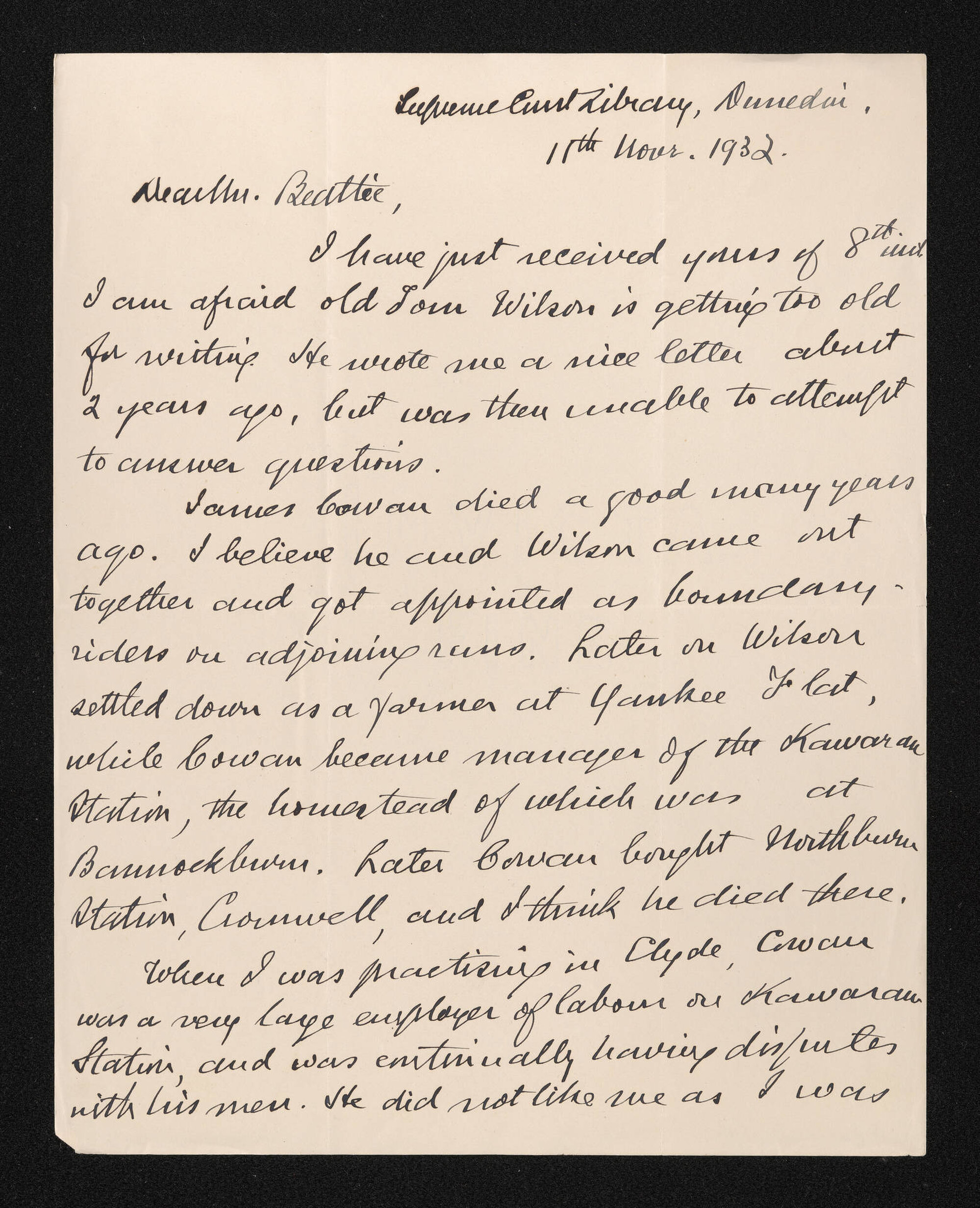 Letter, 11 November 1932, from Robert Gilkison, to Herries Beattie