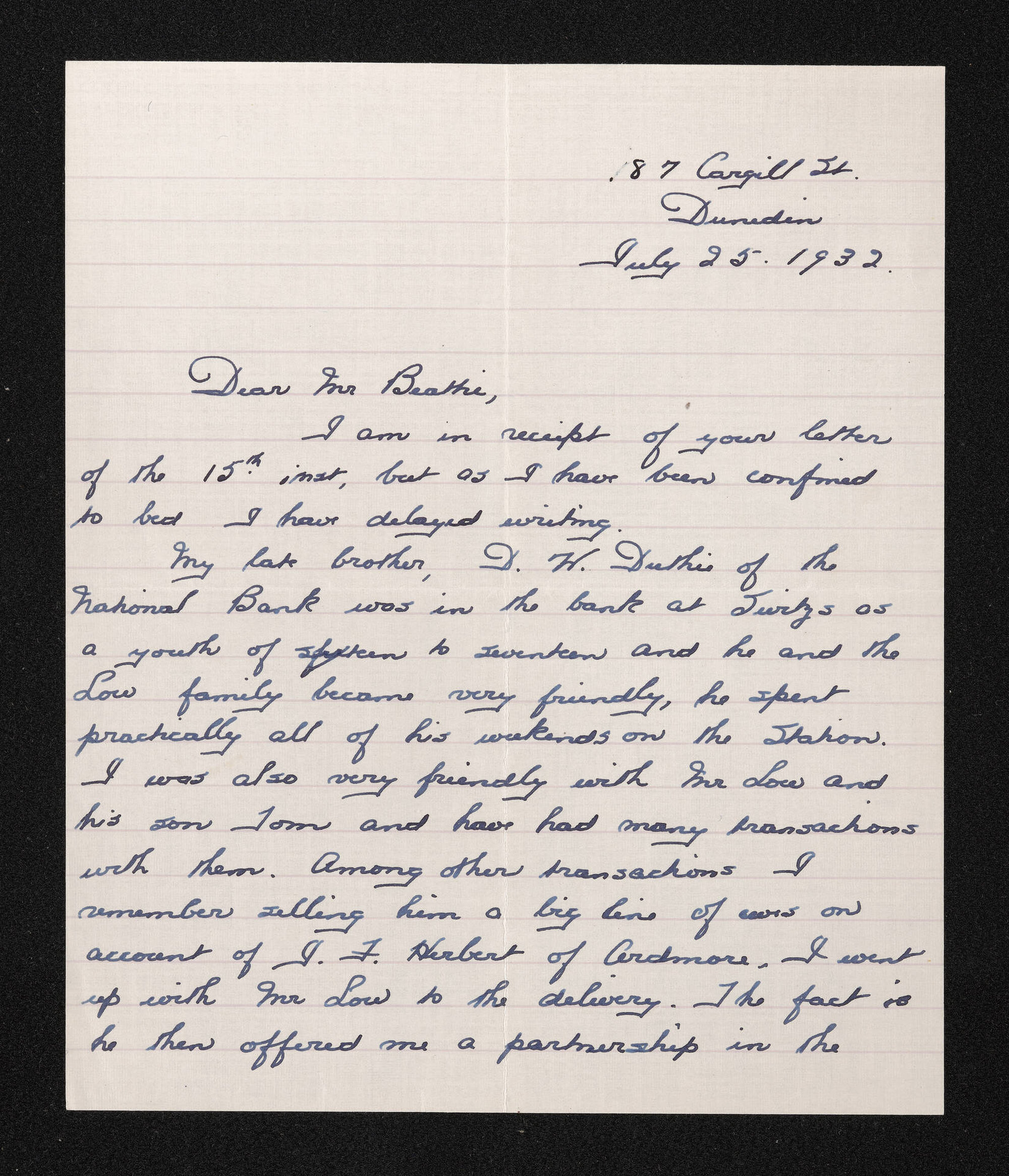 Letter, 25 July 1932, from J.A. Duthie, to Herries Beattie