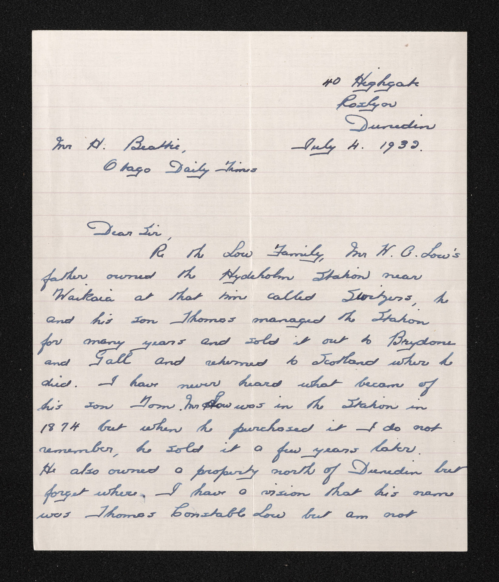 Letter, 4 July 1932, from J.A. Duthie, to Herries Beattie
