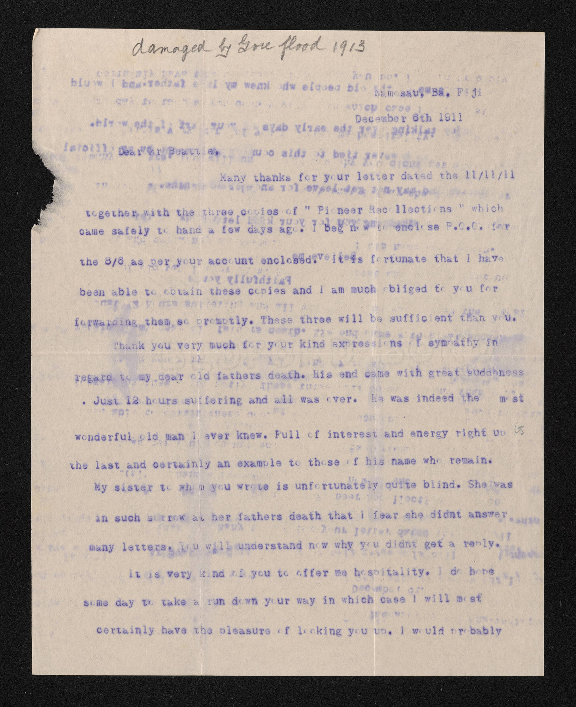 Letter, 6 December 1911, from C.A. Chalmers, to Herries Beattie
