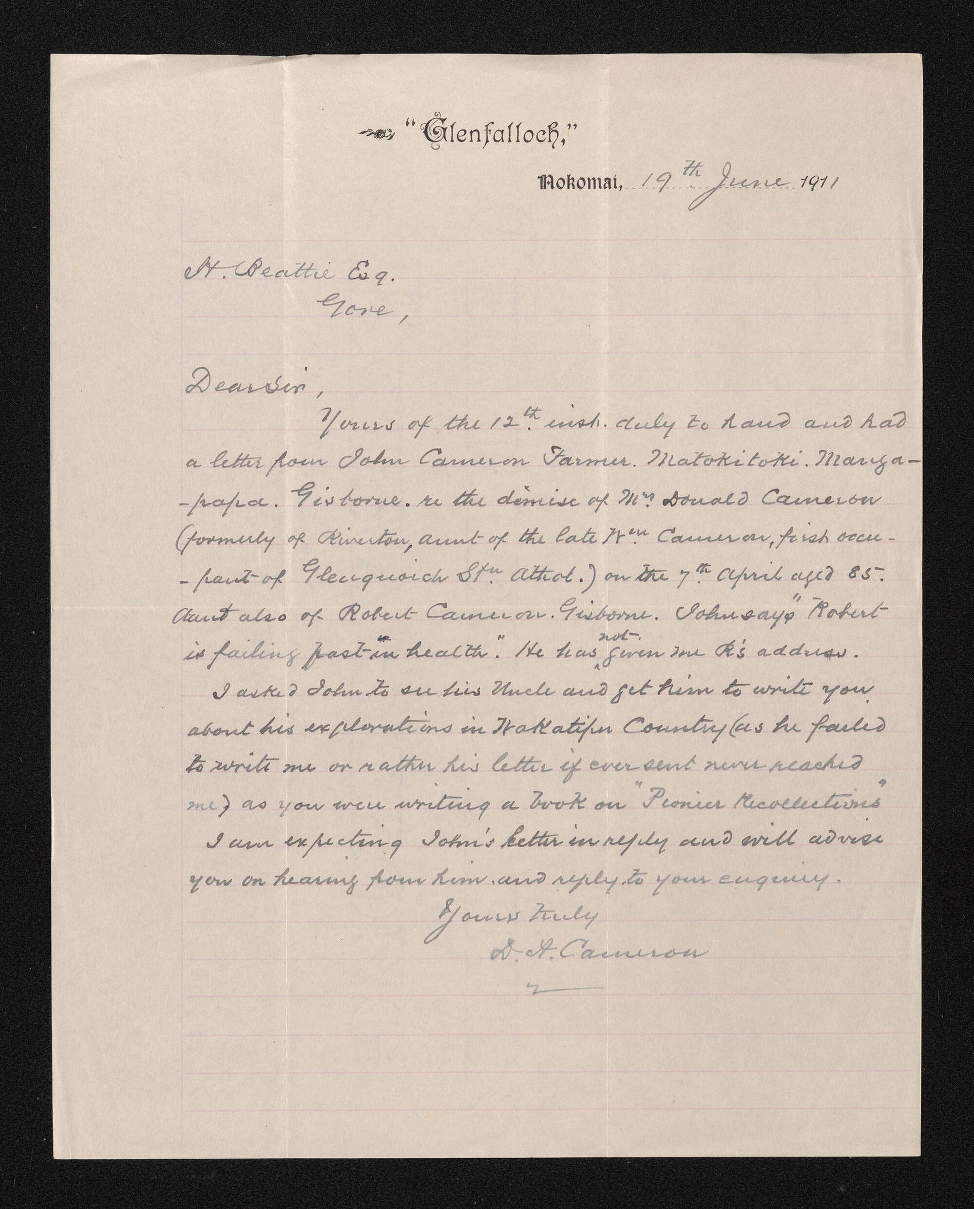 Letter, 19 June 1911, from D.A. Cameron, to Herries Beattie