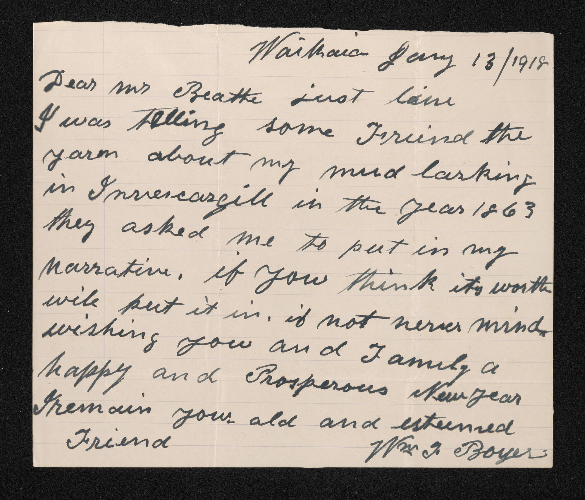 Letter, 13 January 1918, from William Boyer, to Herries Beattie