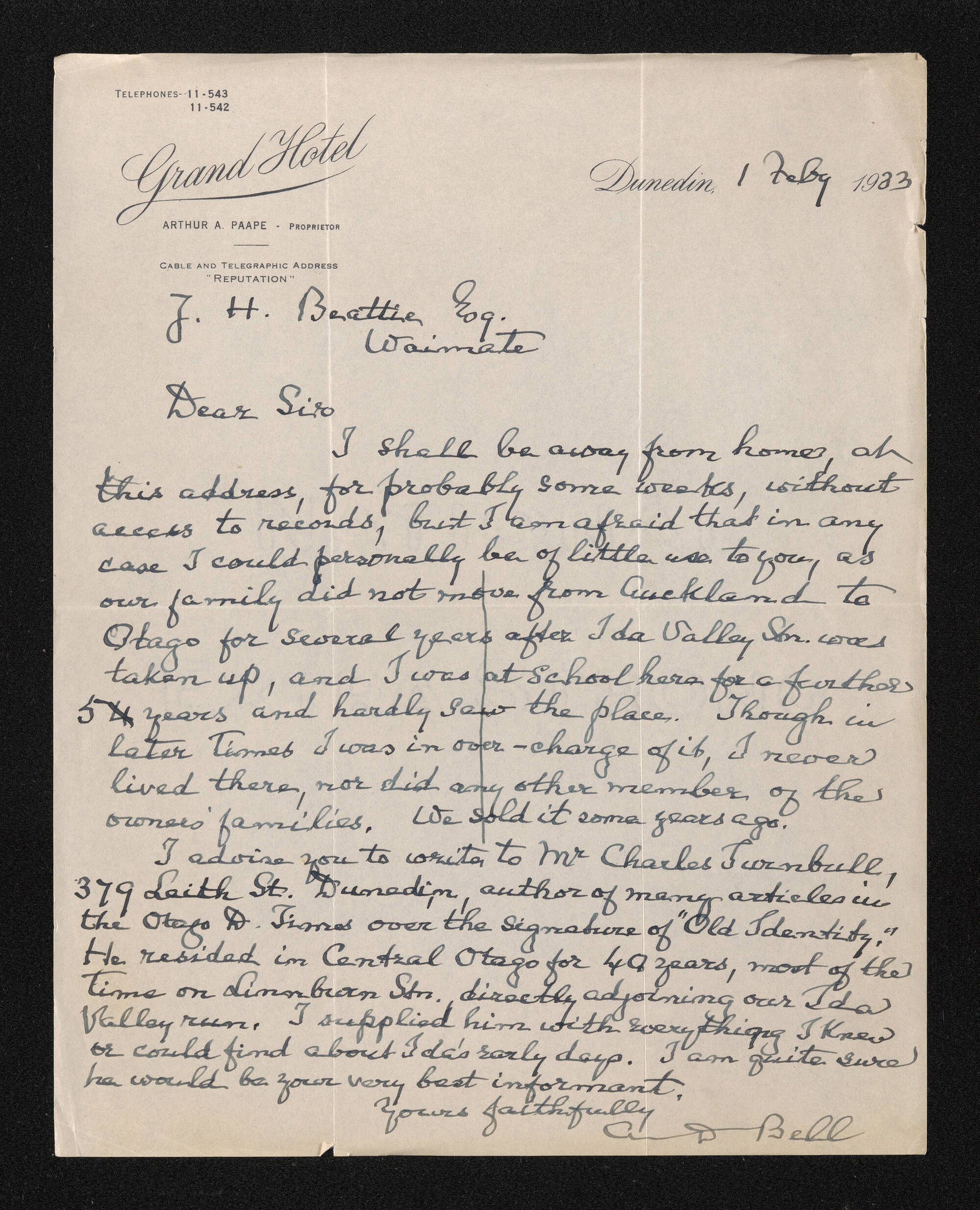 Letter, 1 February 1933, from A.D. Bell, to Herries Beattie