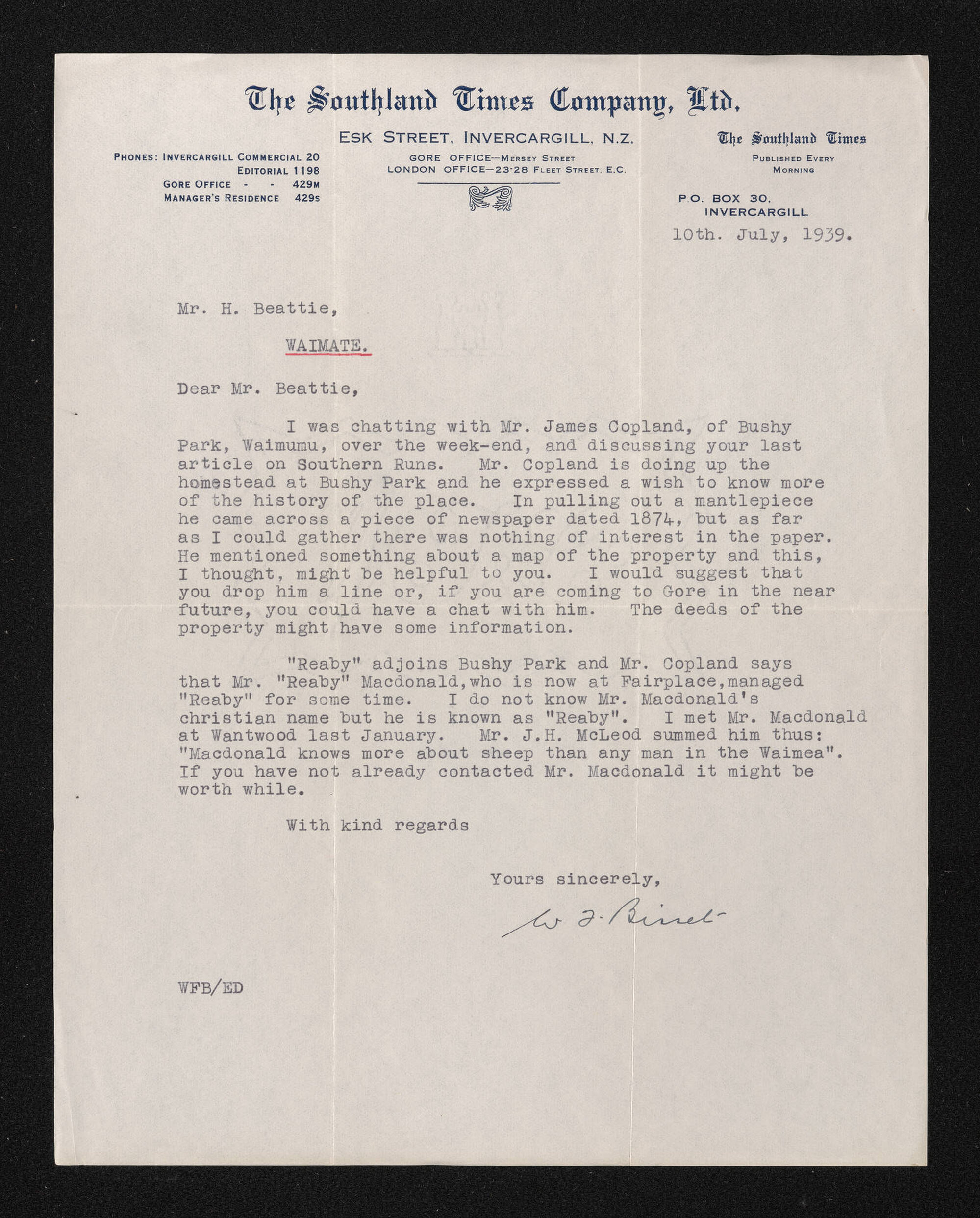 Letter, 10 July 1939, from W.F. Bissett, to Herries Beattie
