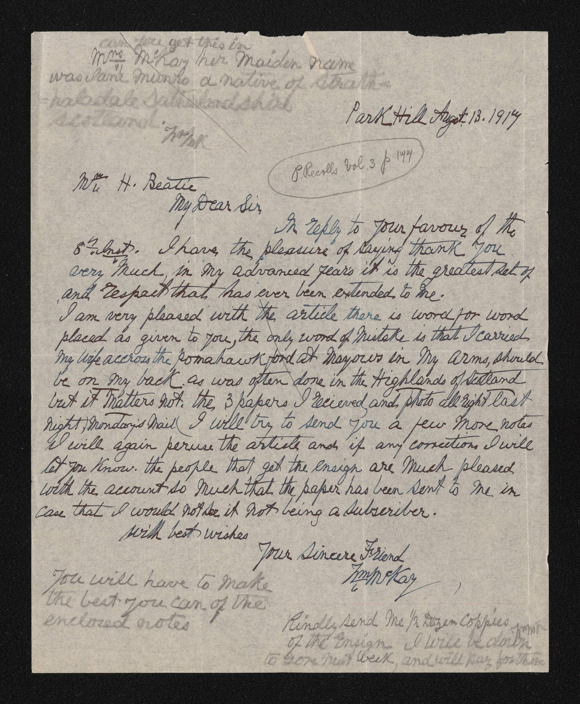 Letter, 13 August 1917, from William McKay, to Herries Beattie