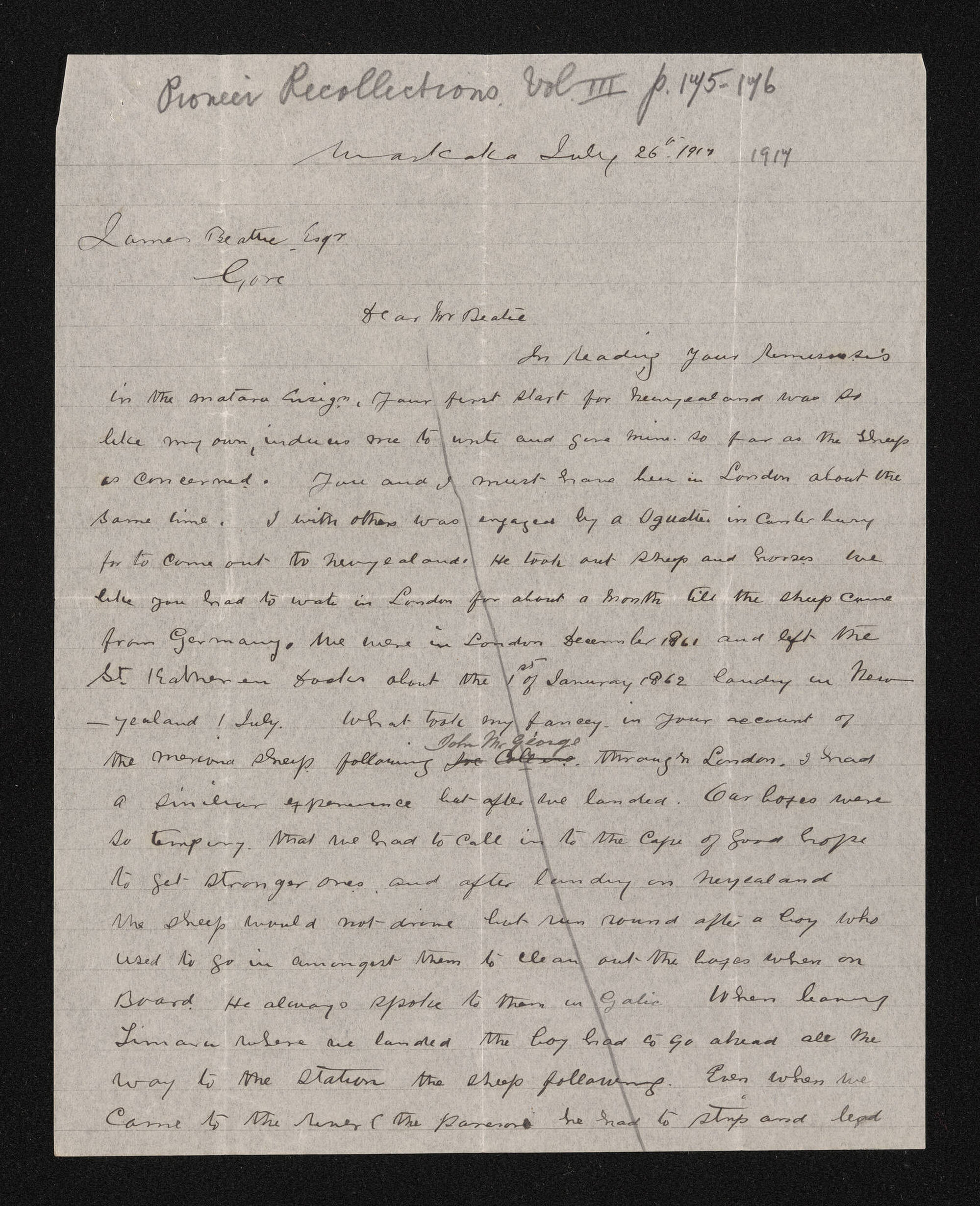 Letter, 26 July 1917, from David Lamb, to Herries Beattie