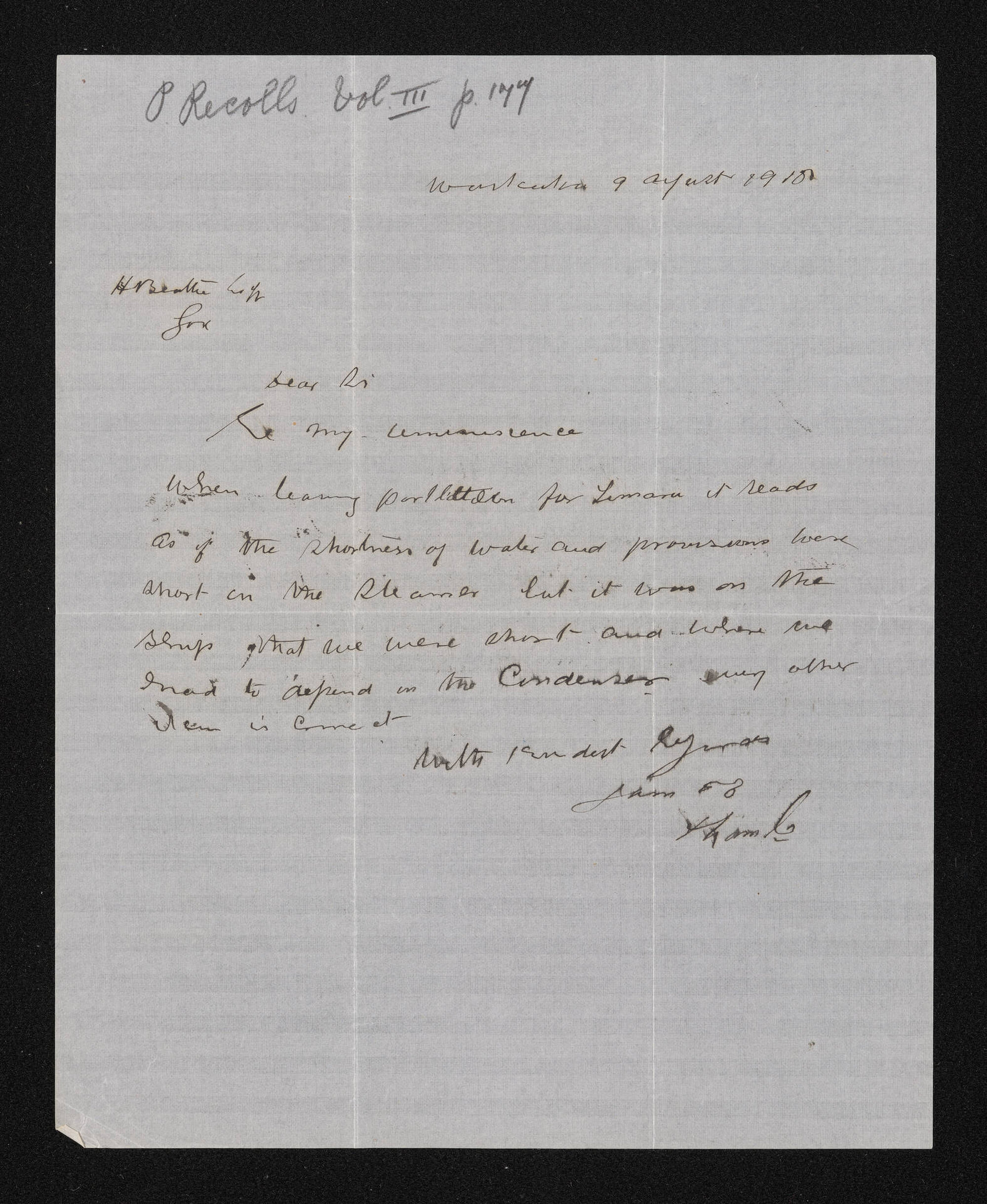 Letter, 9 August 1918, from David Lamb, to Herries Beattie