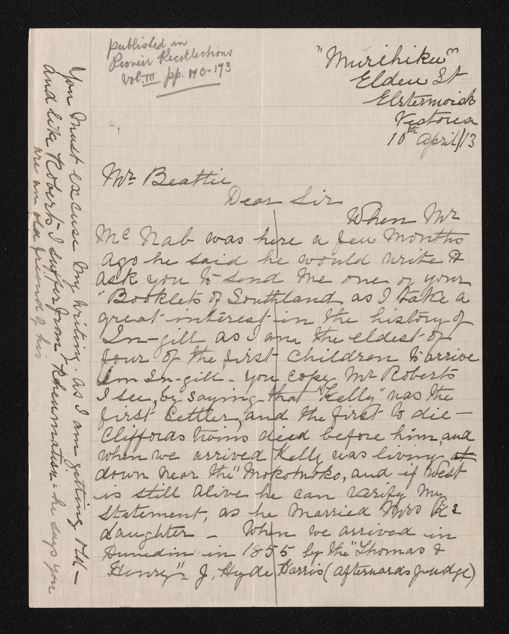 Letter, 10 April 1913, from Charlotte Stobo, to Herries Beattie