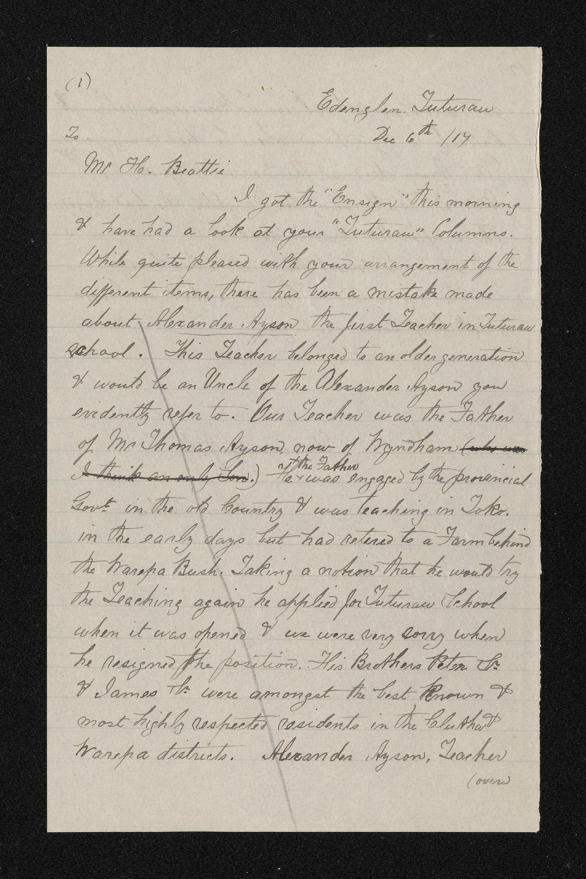 Letter, 6 December 1917, from Alexander Dickie, to Herries Beattie, regarding Tuturau history from 1866