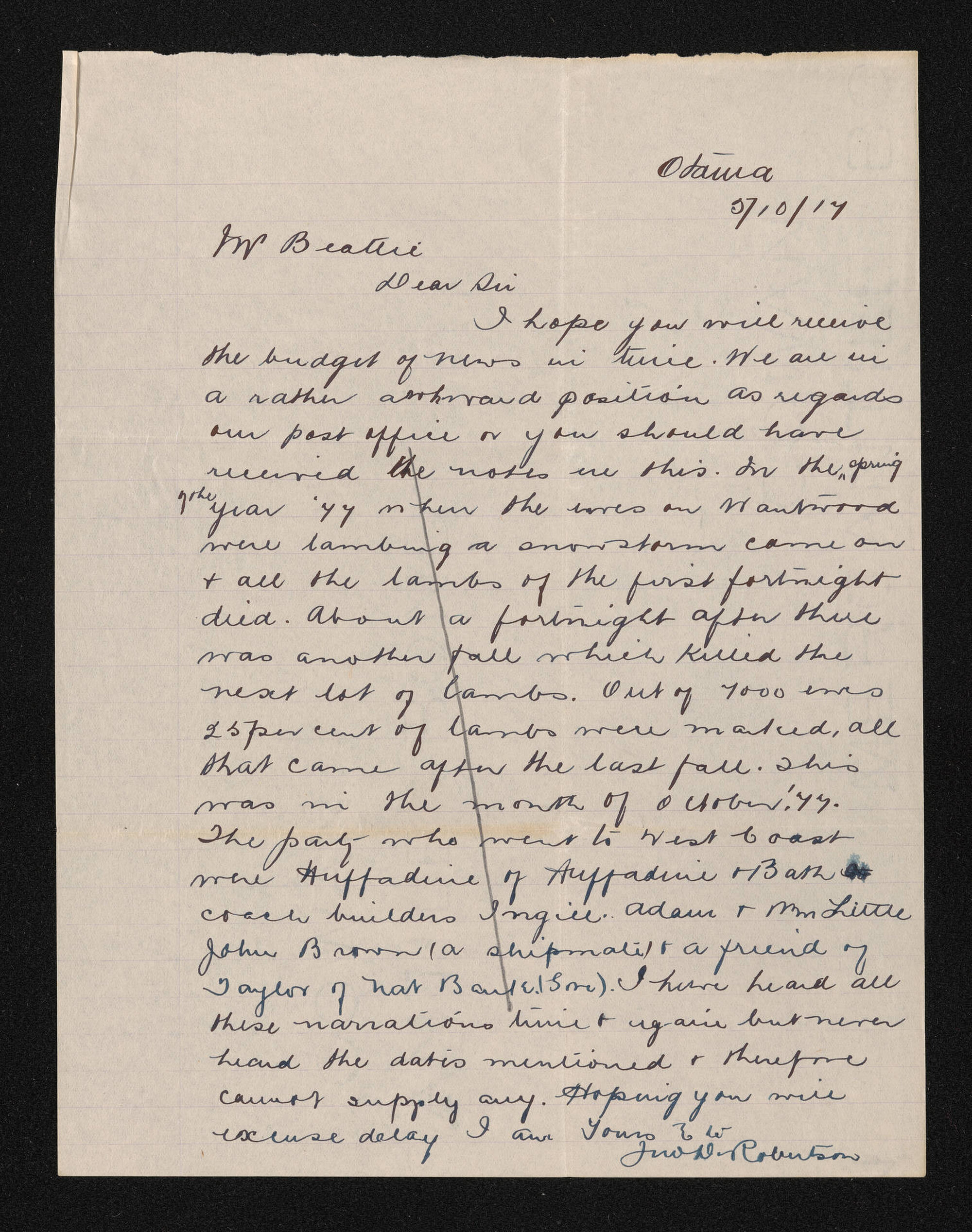 Letter, 5 October 1917, from John D. Robertson, to Herries Beattie
