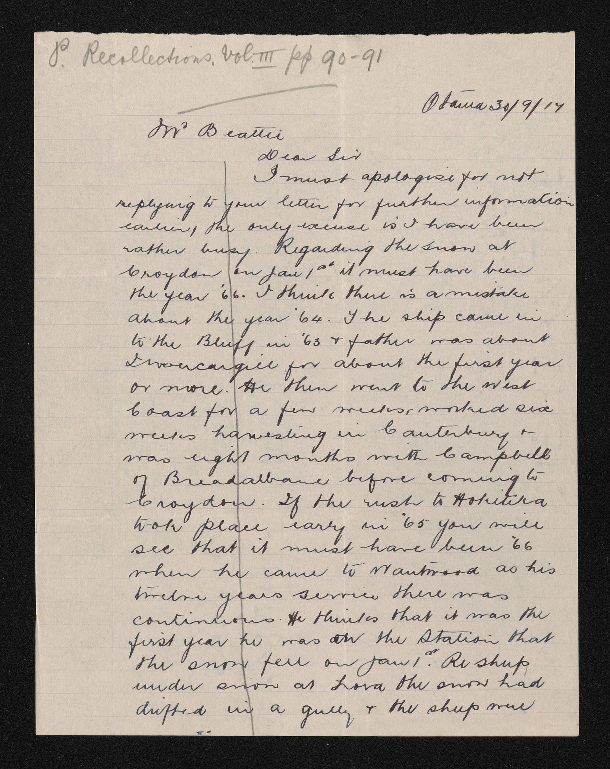 Letter, 30 September 1917, from John D. Robertson, to Herries Beattie