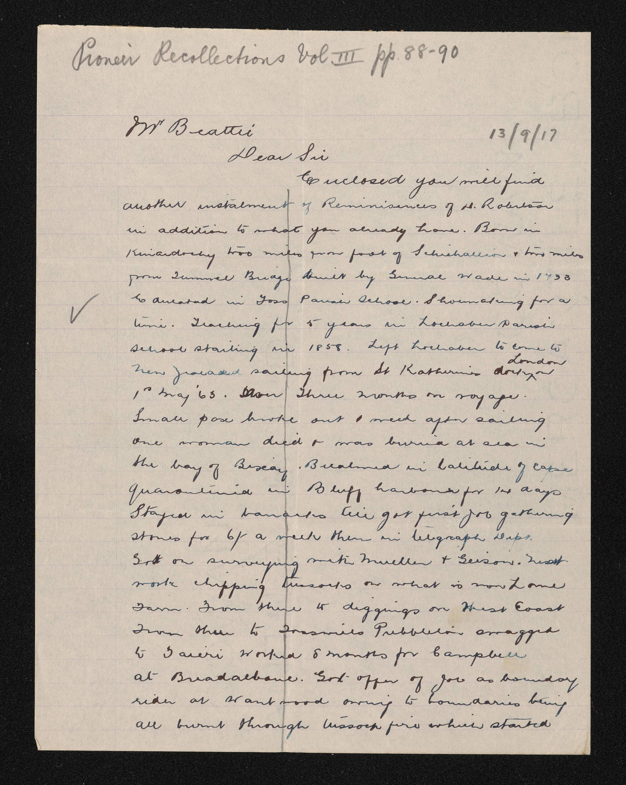 Letter, 13 September 1917, from John D. Robertson, to Herries Beattie