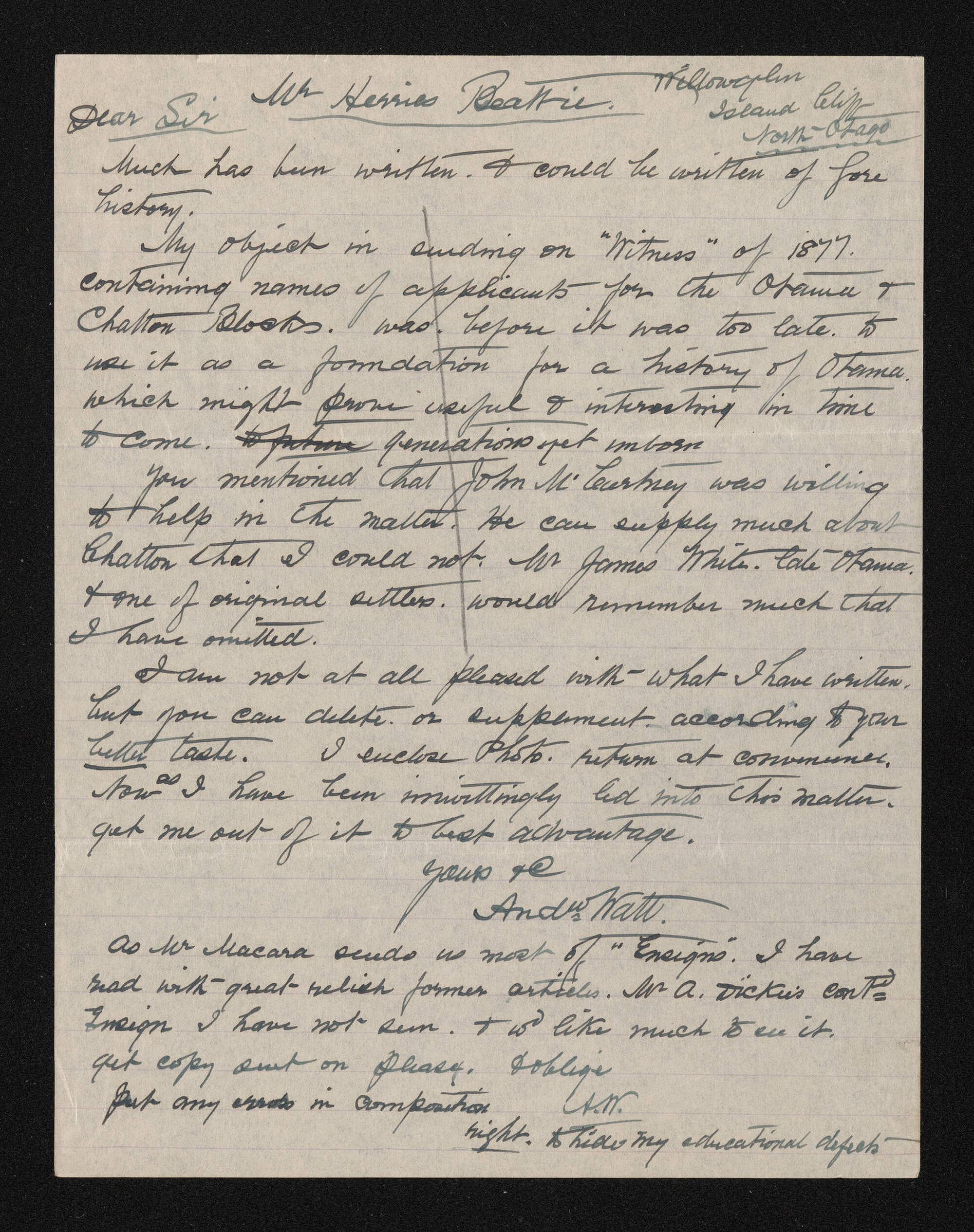 Letter, [c.1917], from Andrew Watt, to Herries Beattie