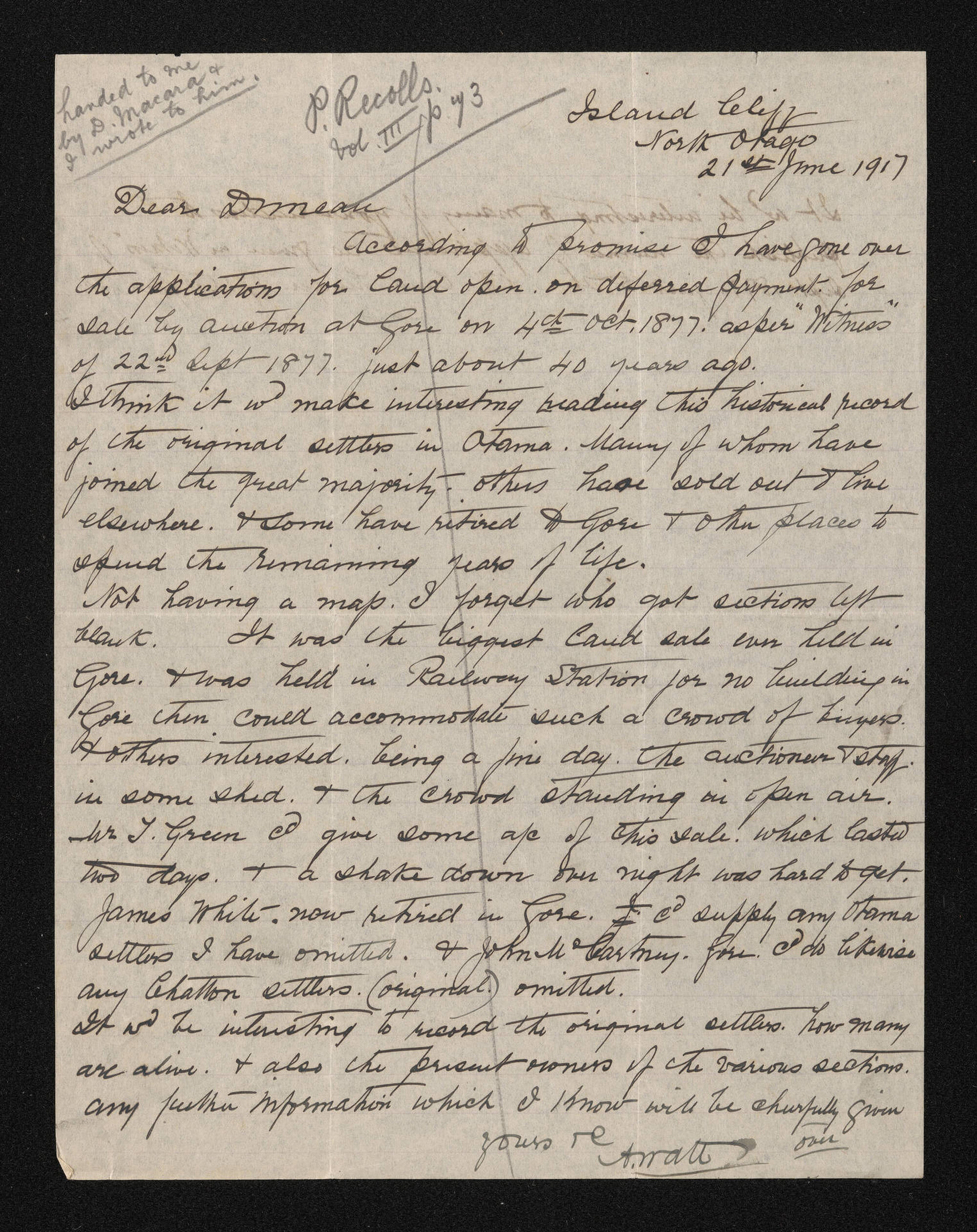 Letter, 21 June 1917, from Andrew Watt, to Duncan Macara