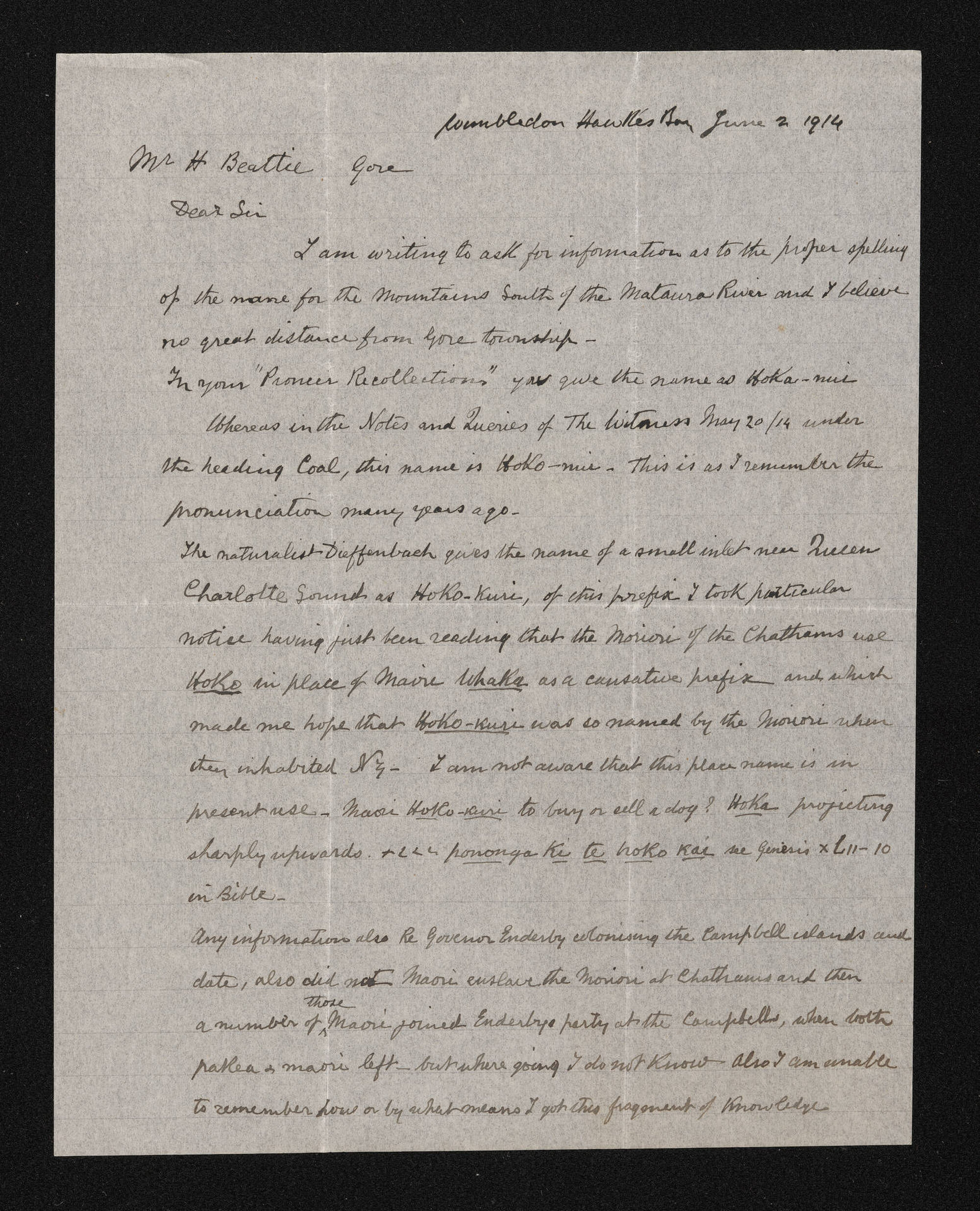 Letter, 2 June 1914, from Taylor White, to Herries Beattie