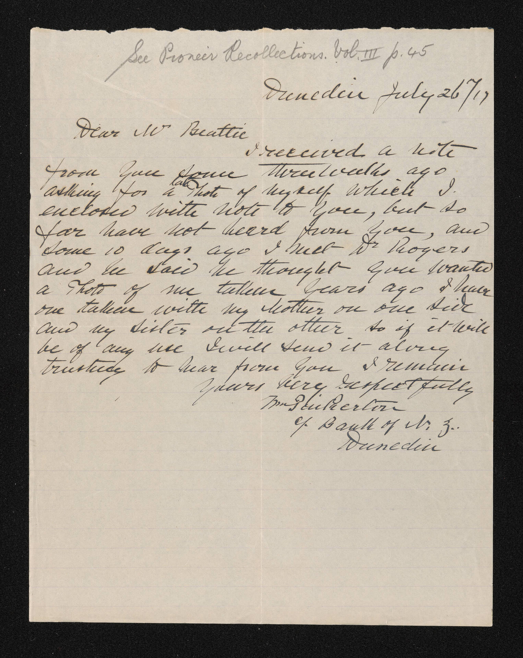Letter, 26 July 1917, from William Pinkerton, to Herries Beattie