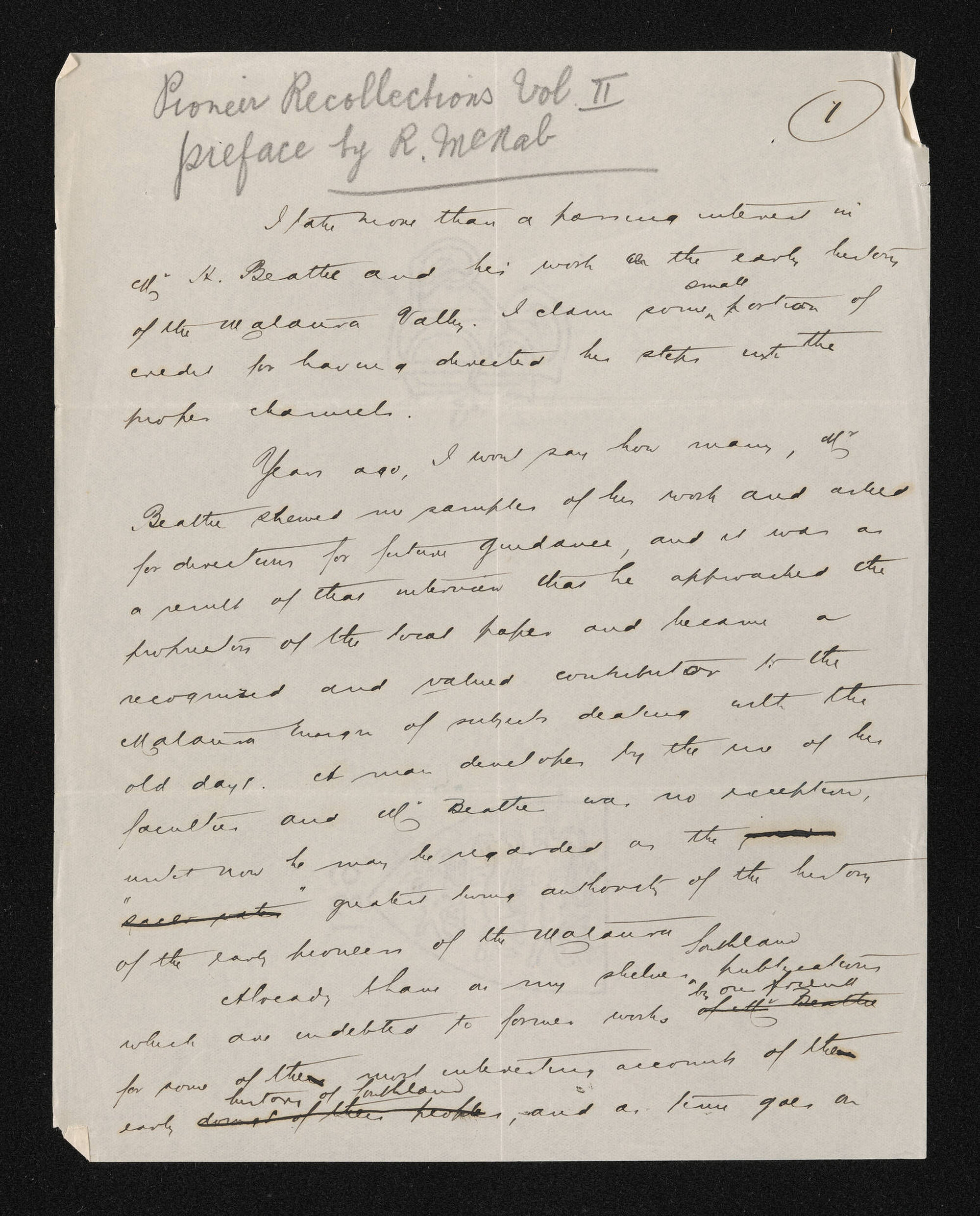 Manuscript, 'Pioneer Recollections Vol. II preface by R. McNab', n.d. 