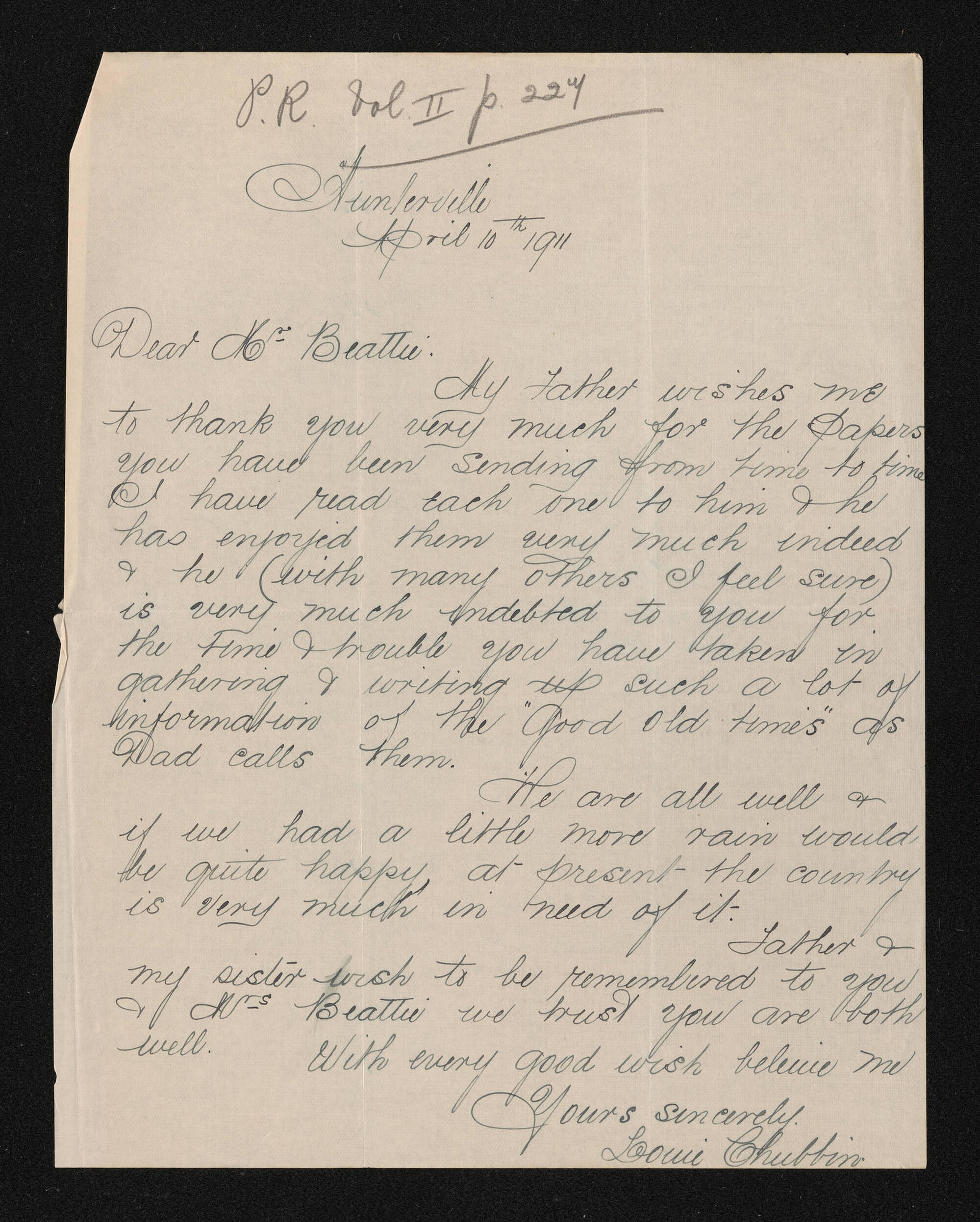 Letter, 10 April 1911, from Louie Chubbin, to Herries Beattie