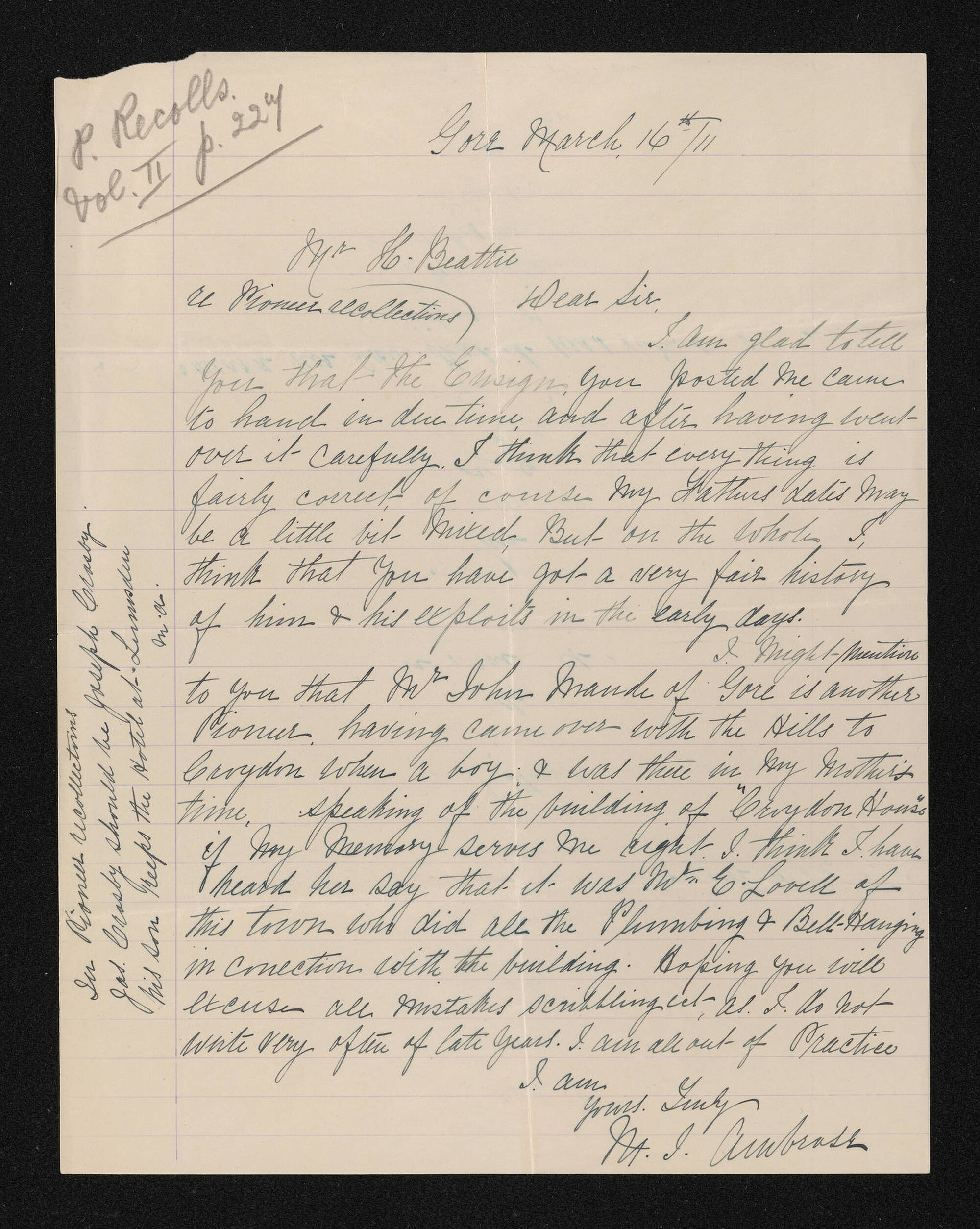 Letter, 16 March 1911, from M.J. Ambrose, to Herries Beattie