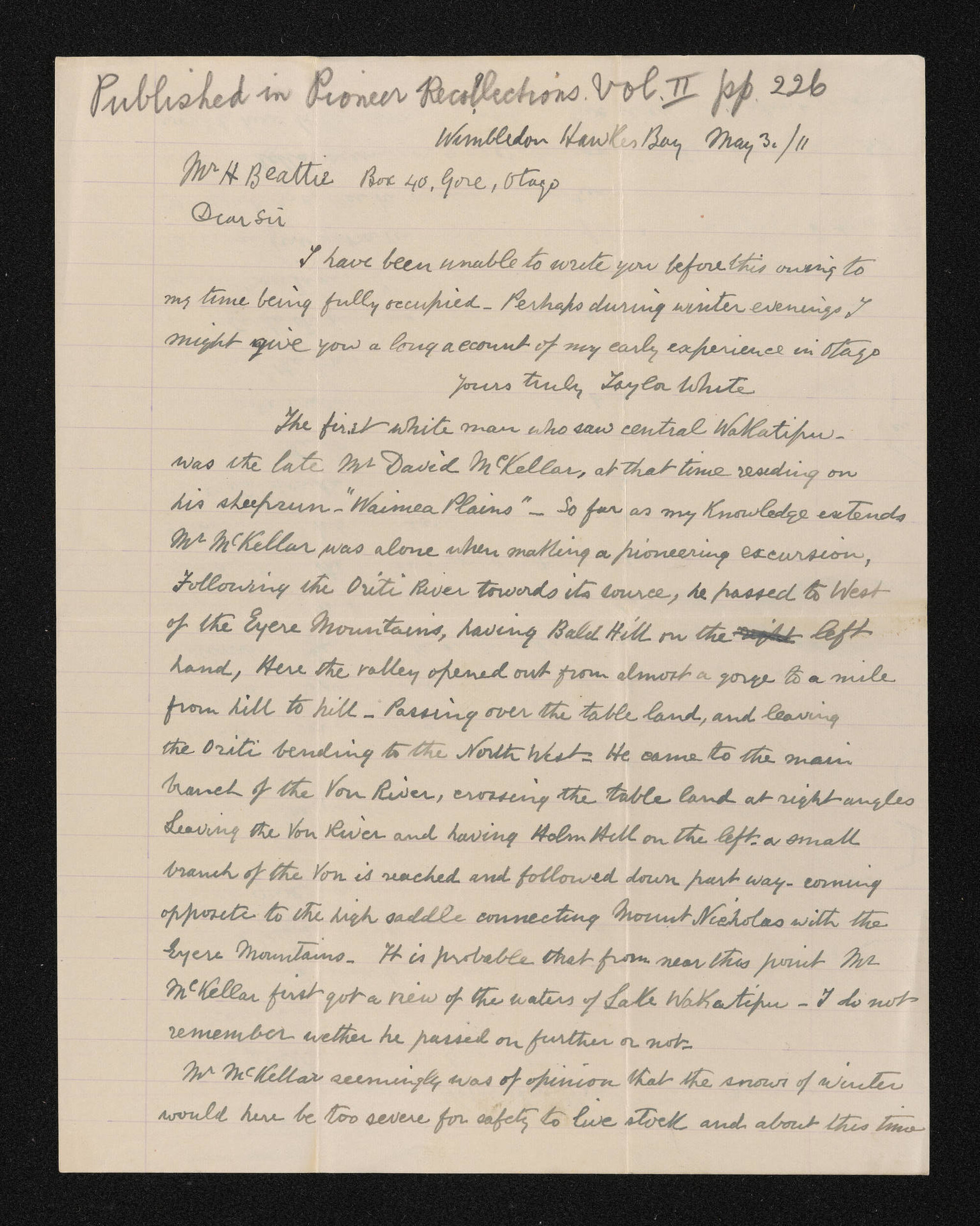 Letter, 3 May 1911, from Taylor White, to Herries Beattie