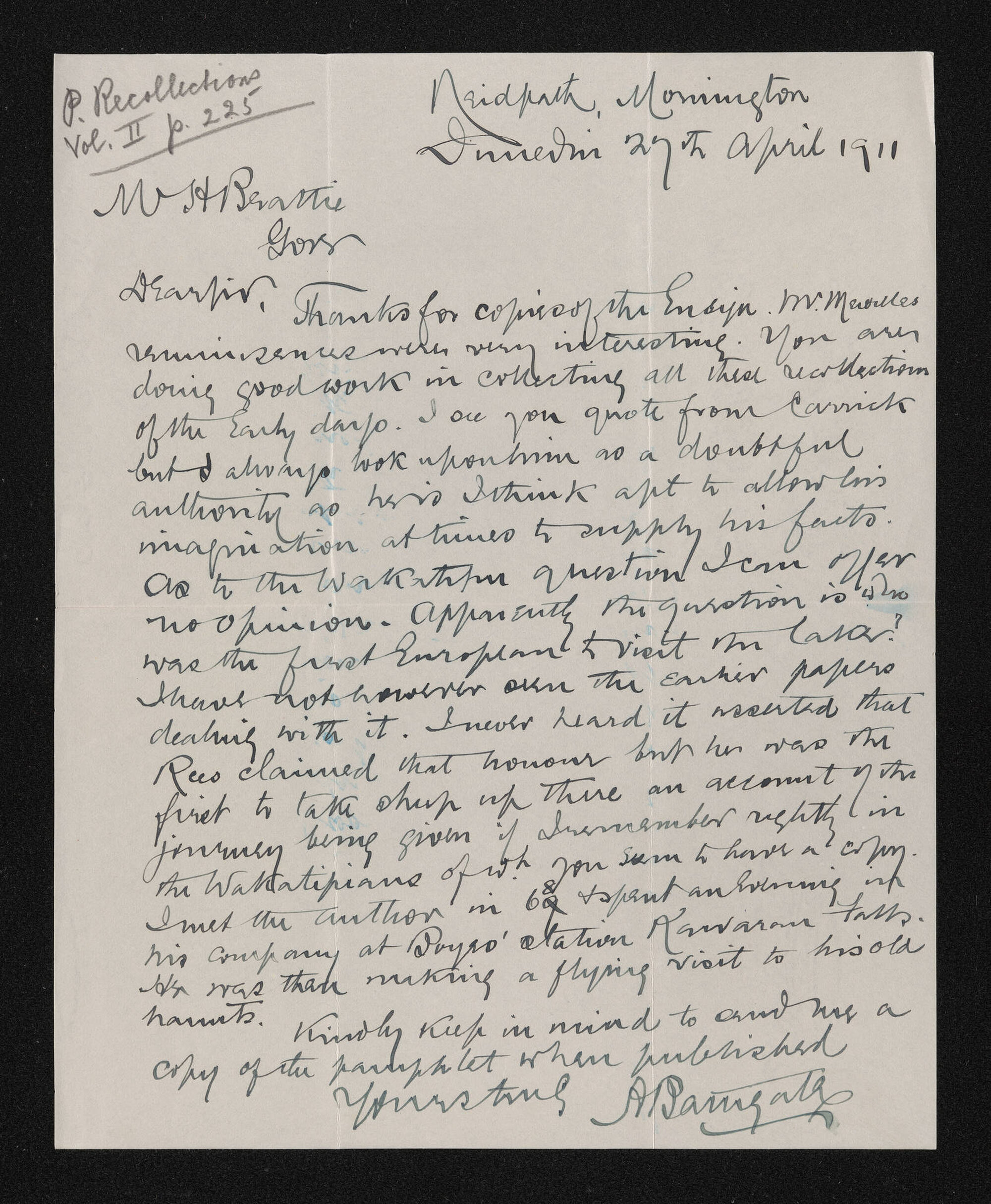 Letter, 27 April 1911, from A. Bathgate, to Herries Beattie