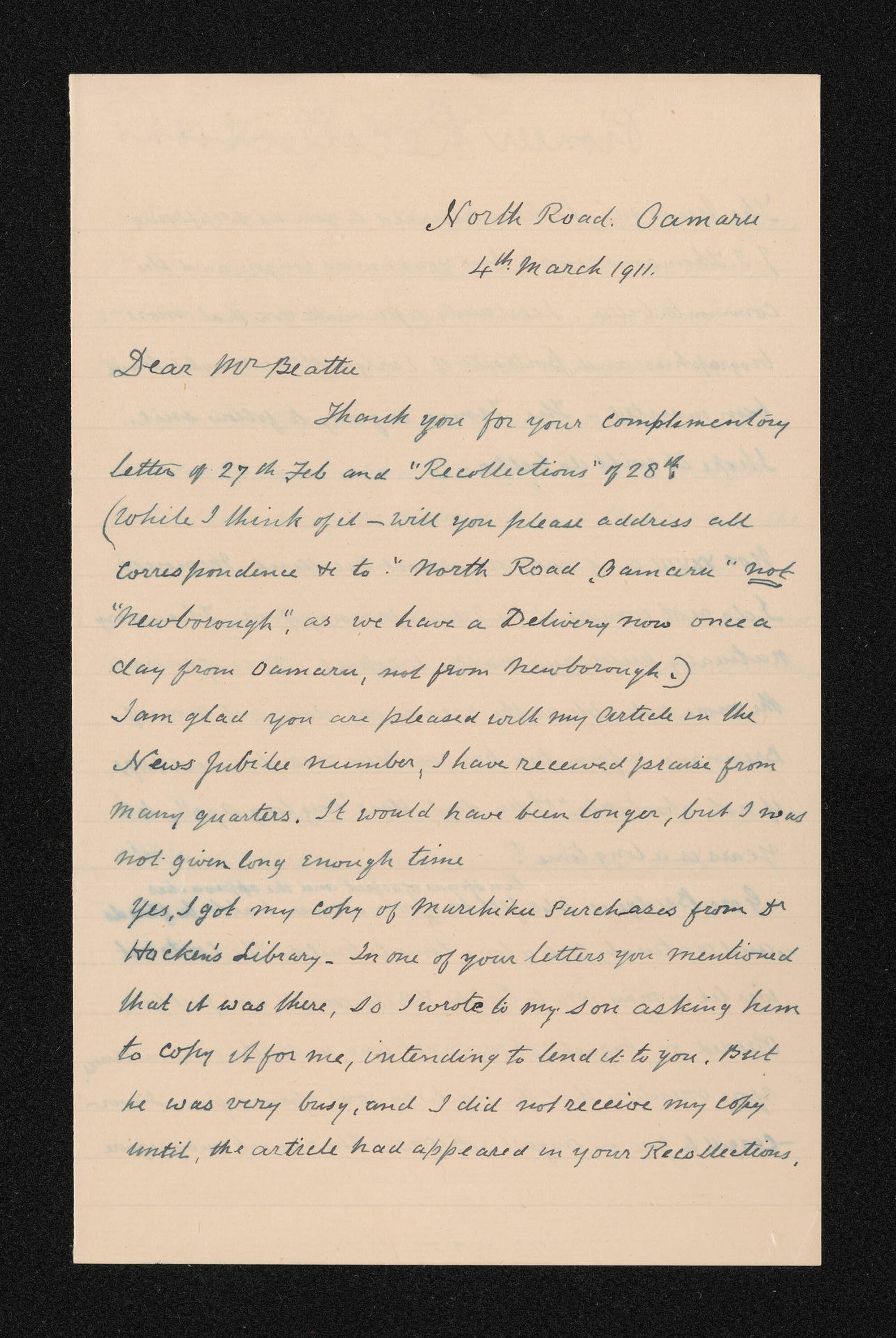 Letter, 4 March 1911, from W.H.S. Roberts, to Herries Beattie