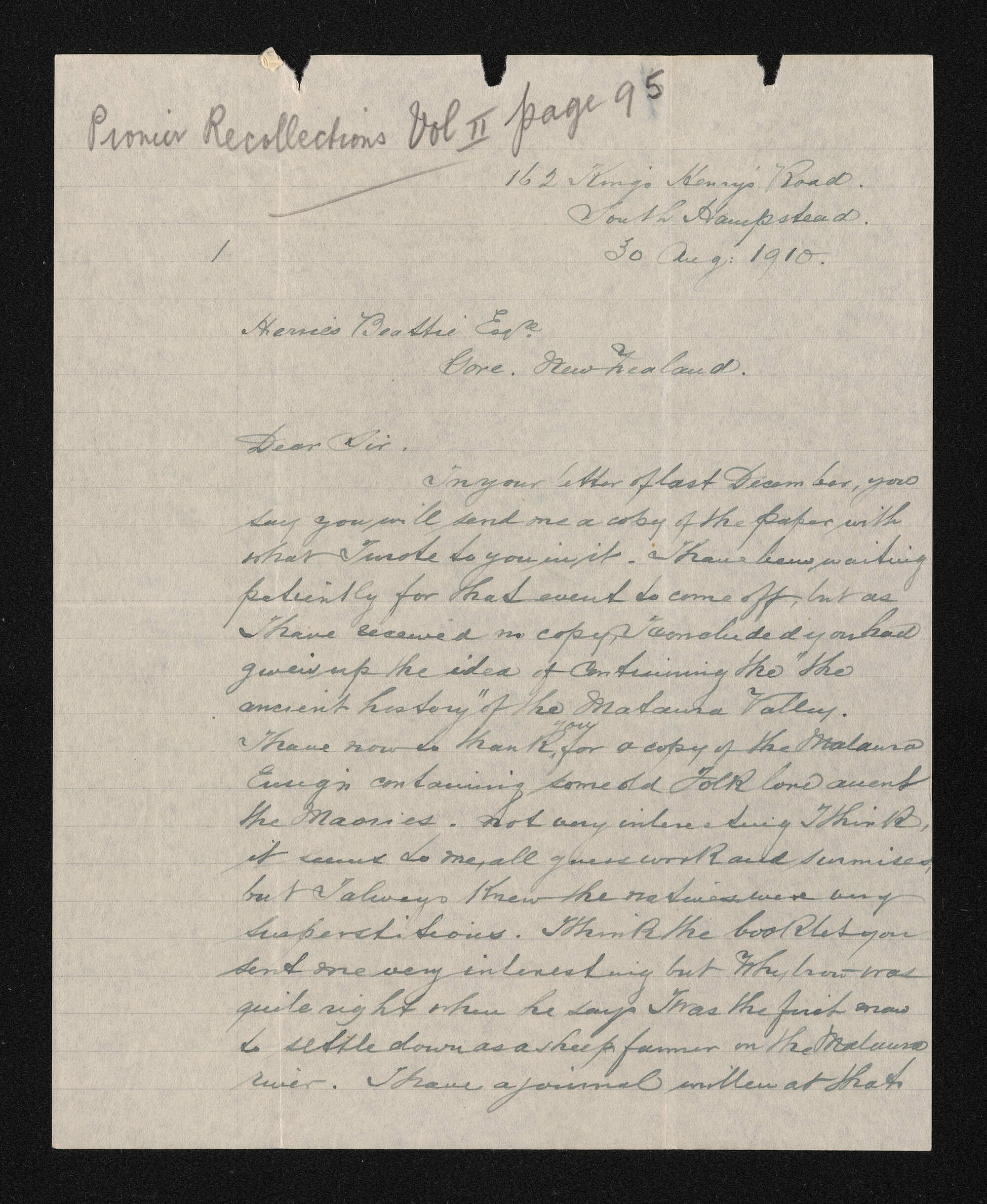 Letter, 30 August 1910, from Fred. L. Mieville, to Herries Beattie