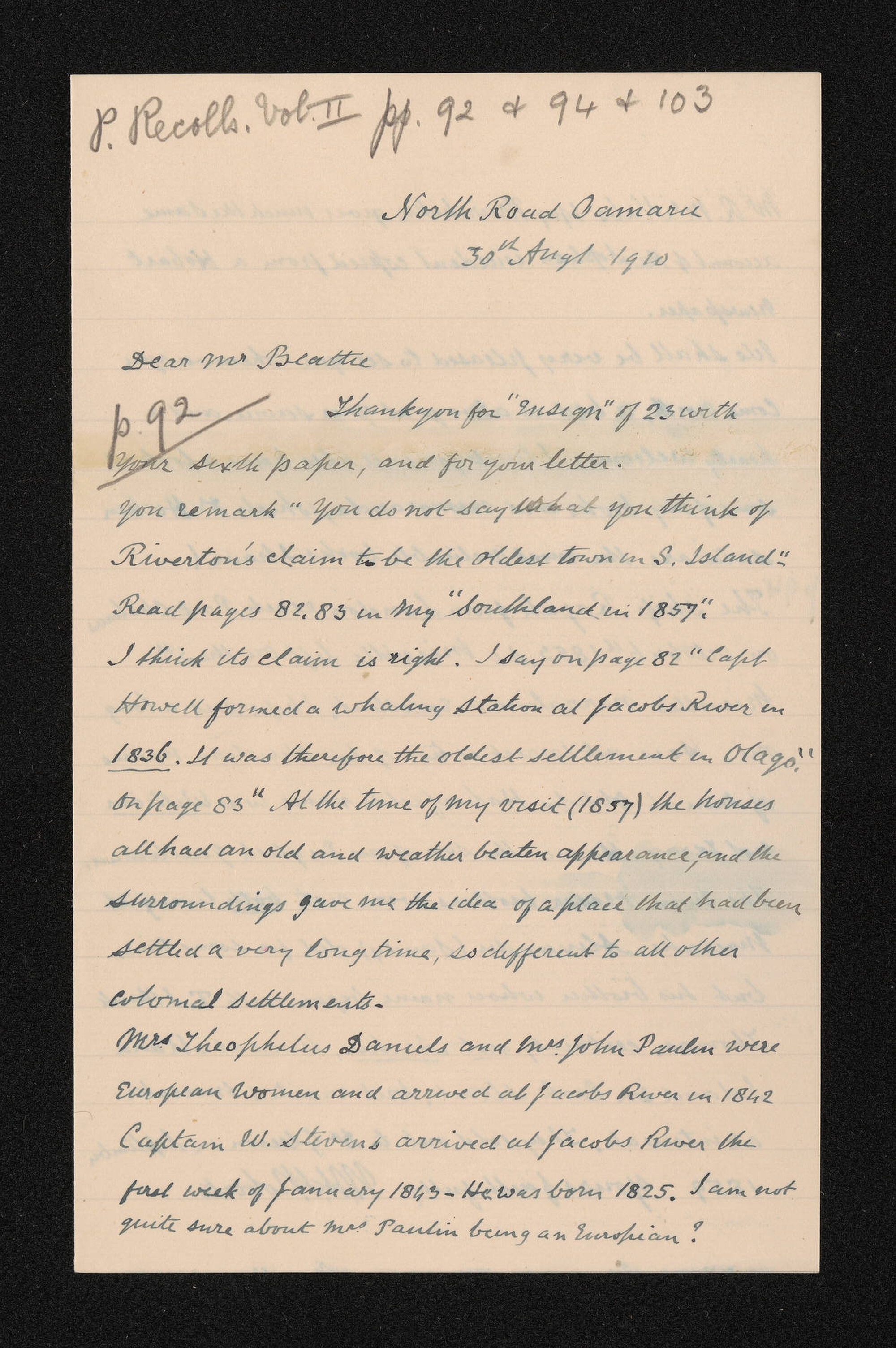 Letter, 30 August 1910, from W.H.S. Roberts, to Herries Beattie