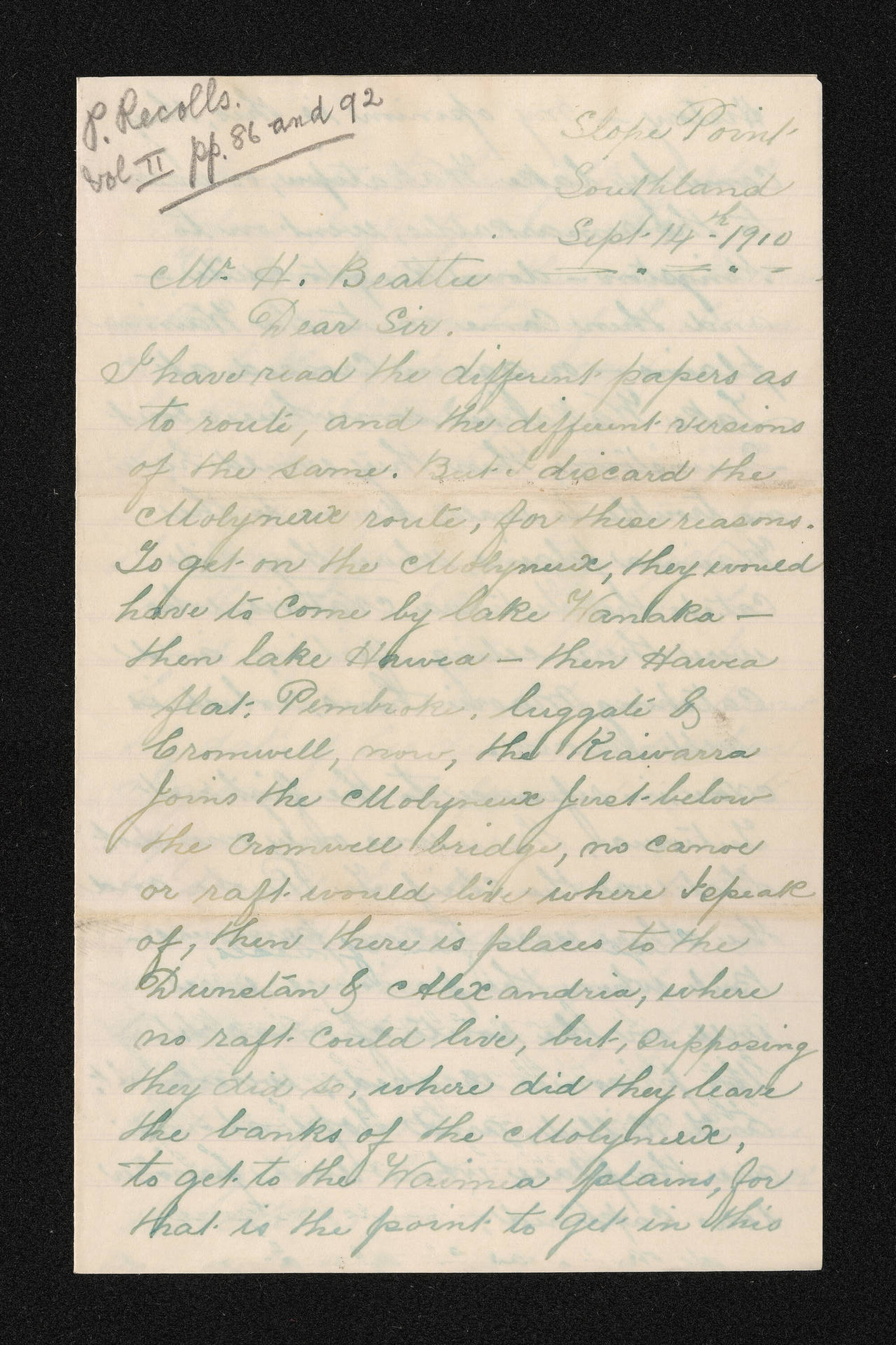 Letter, 14 September 1910, from James Wybrow Senior, to Herries Beattie
