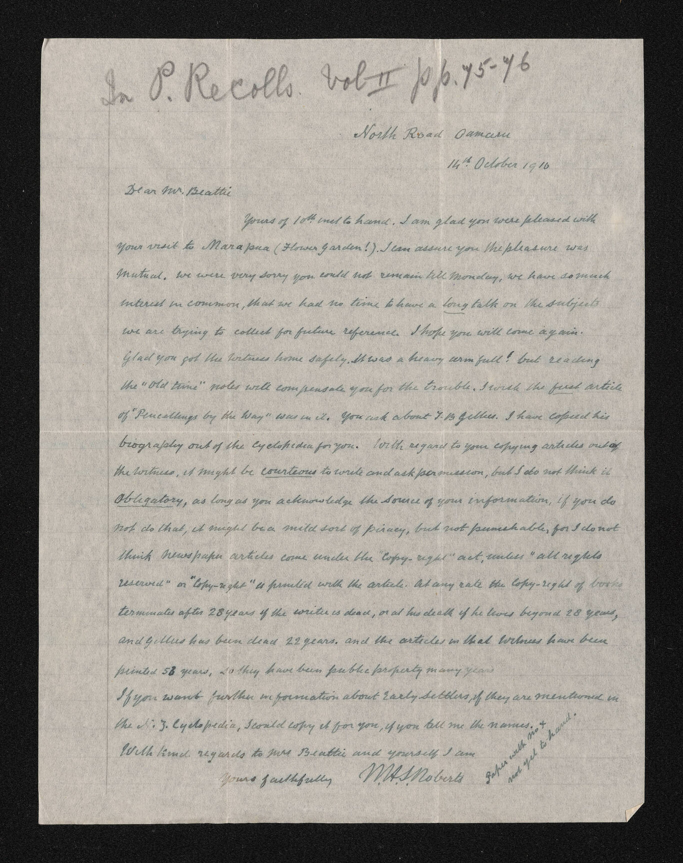 Letter and text copied from Cyclopedia of New Zealand, 14 October 1910, from W.H.S. Roberts, to Herries Beattie
