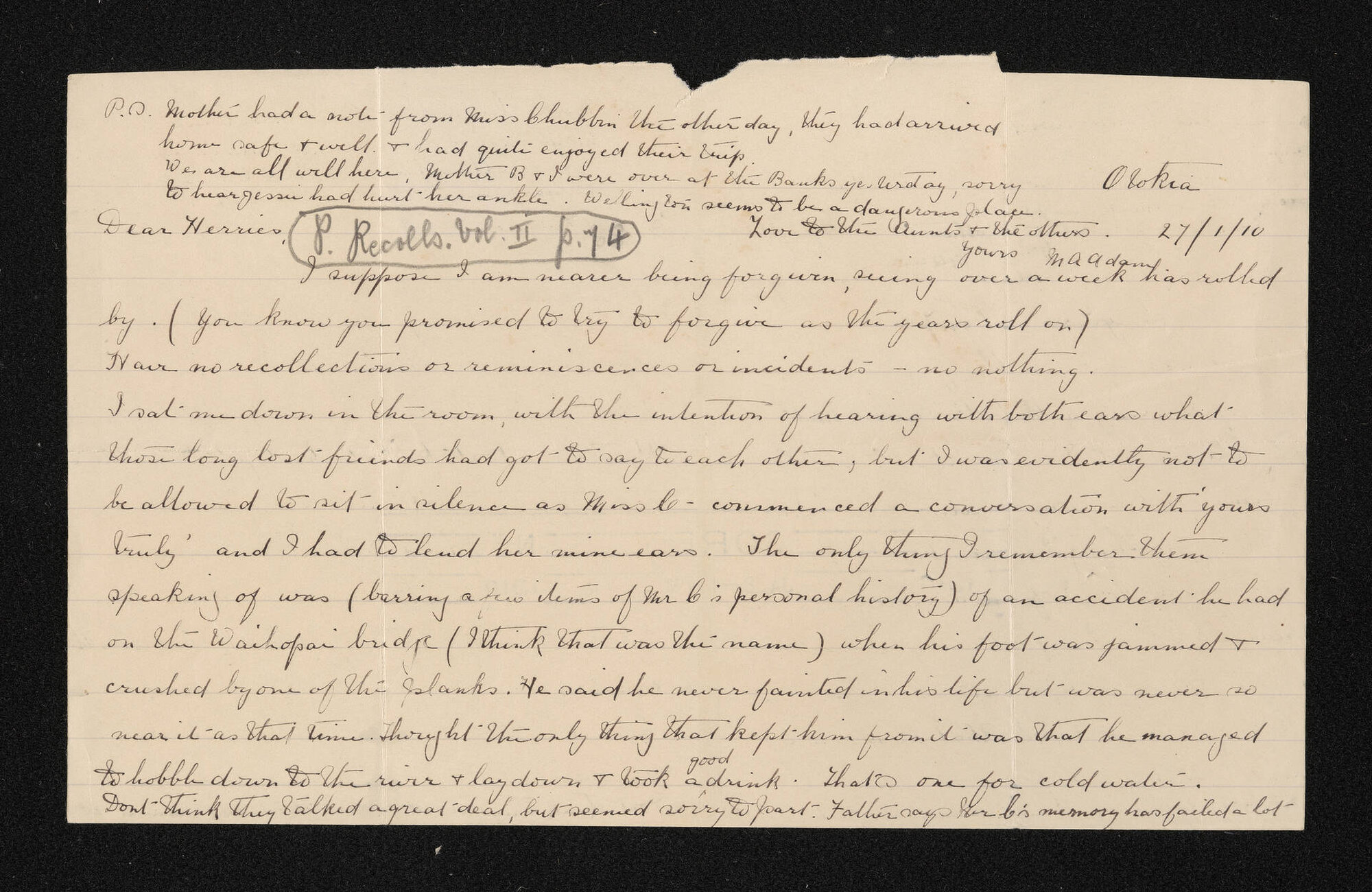 Letter, 27 January 1910, from [M.A. Adam?], to Herries Beattie