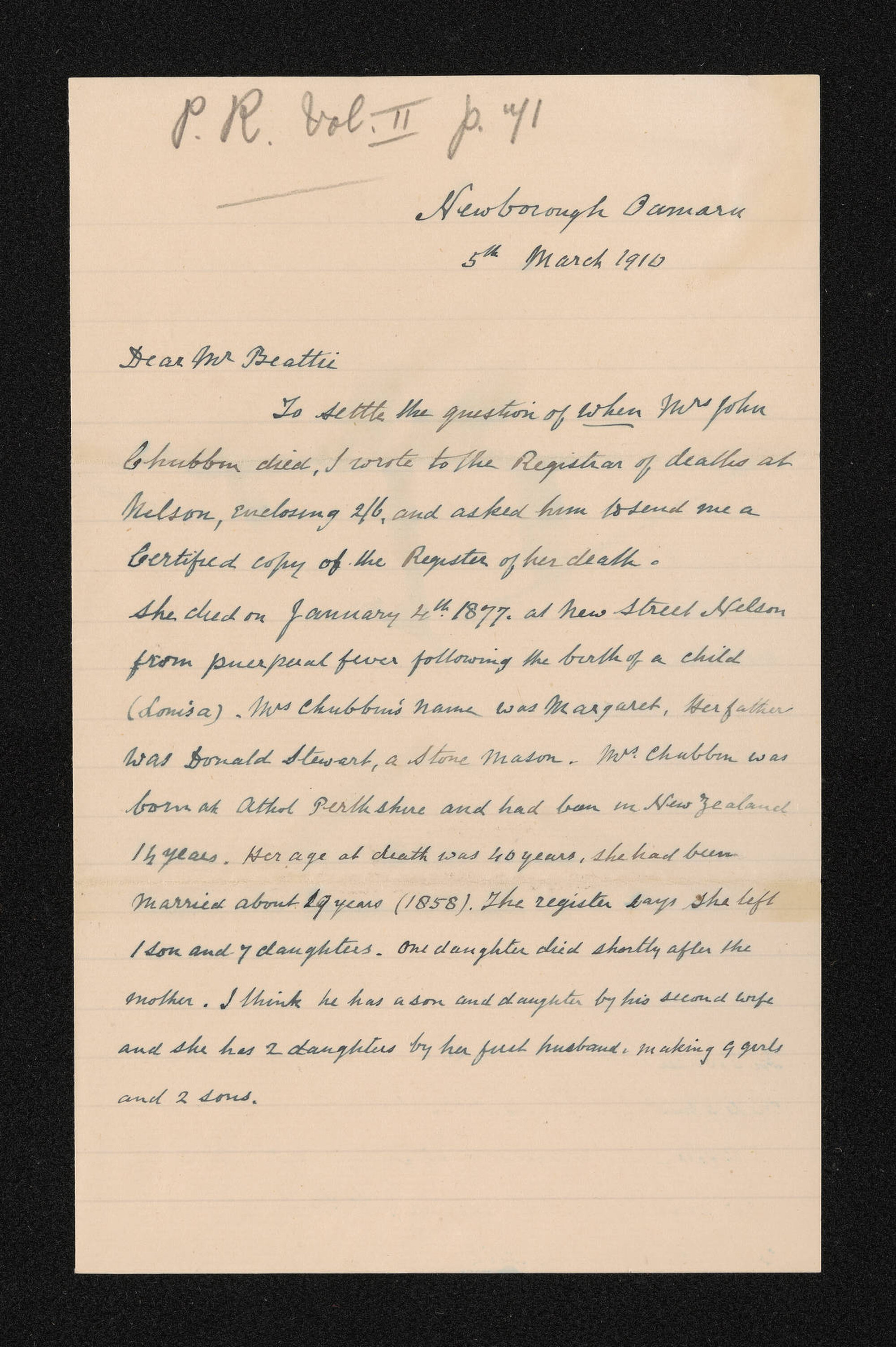 Letter, 5 March 1910, from W.H.S. Roberts, to Herries Beattie