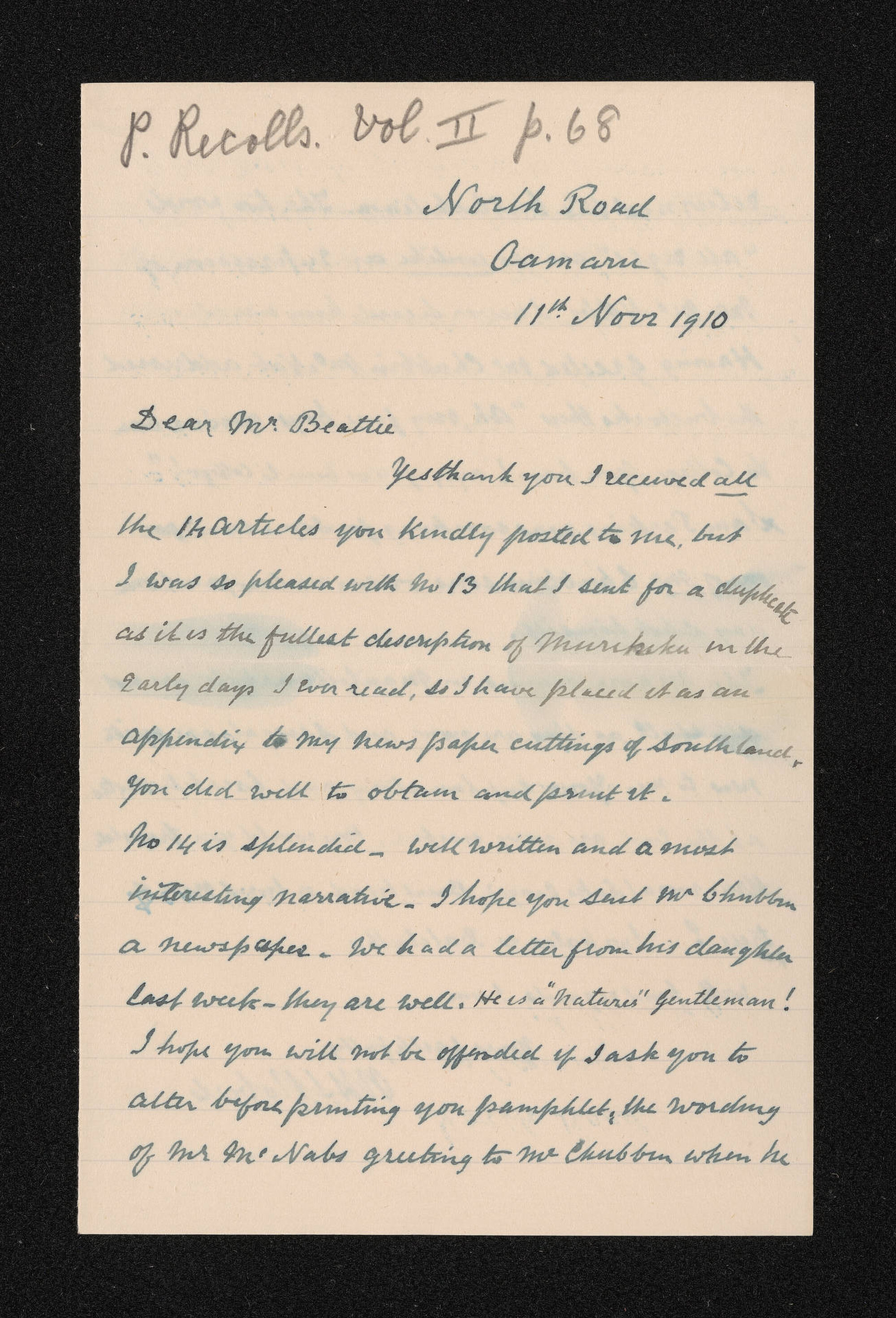 Letter, 11 November 1910, from W.H.S. Roberts, to Herries Beattie