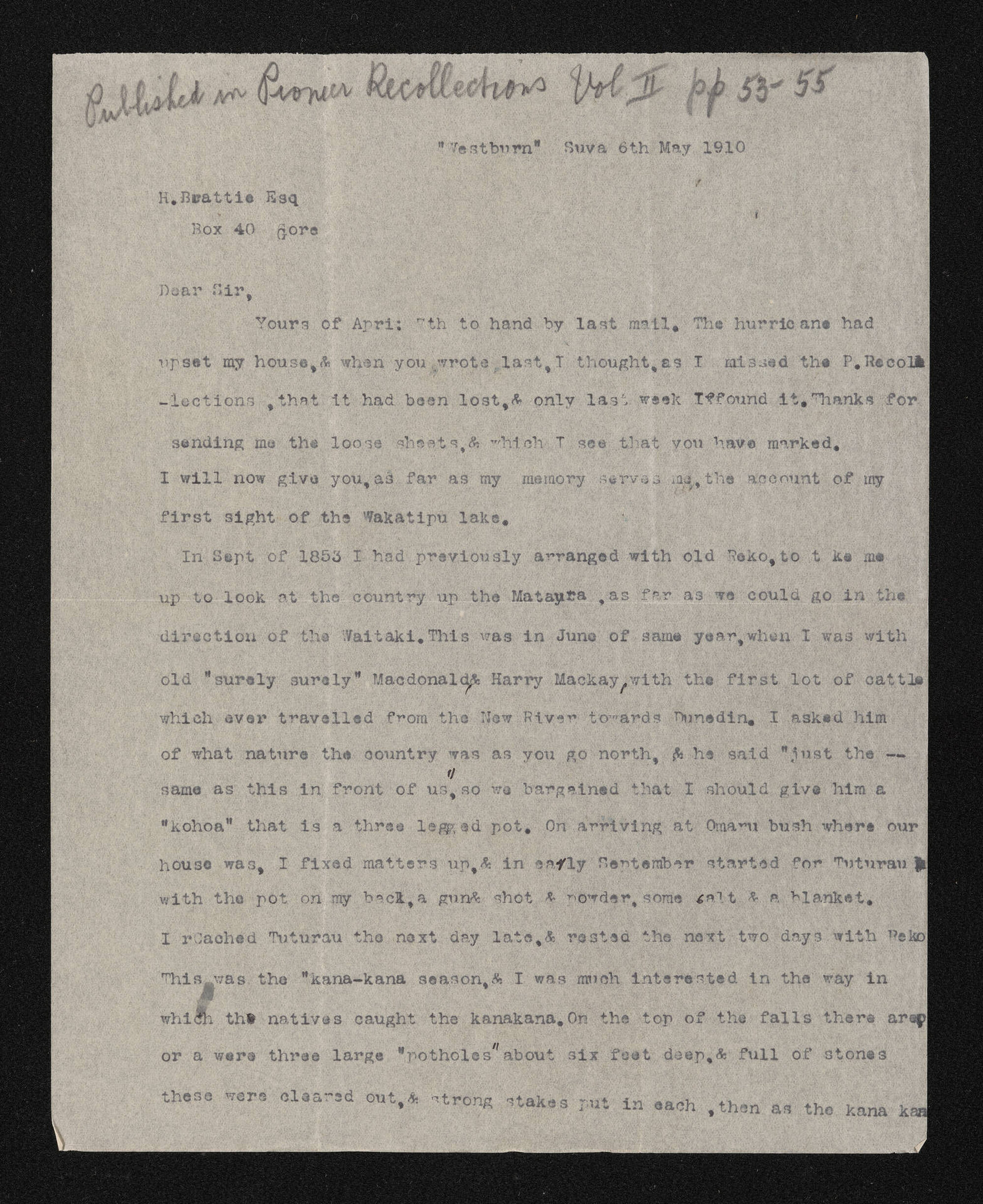 Letter, 6 May 1910, from Nath. Chalmers, to Herries Beattie