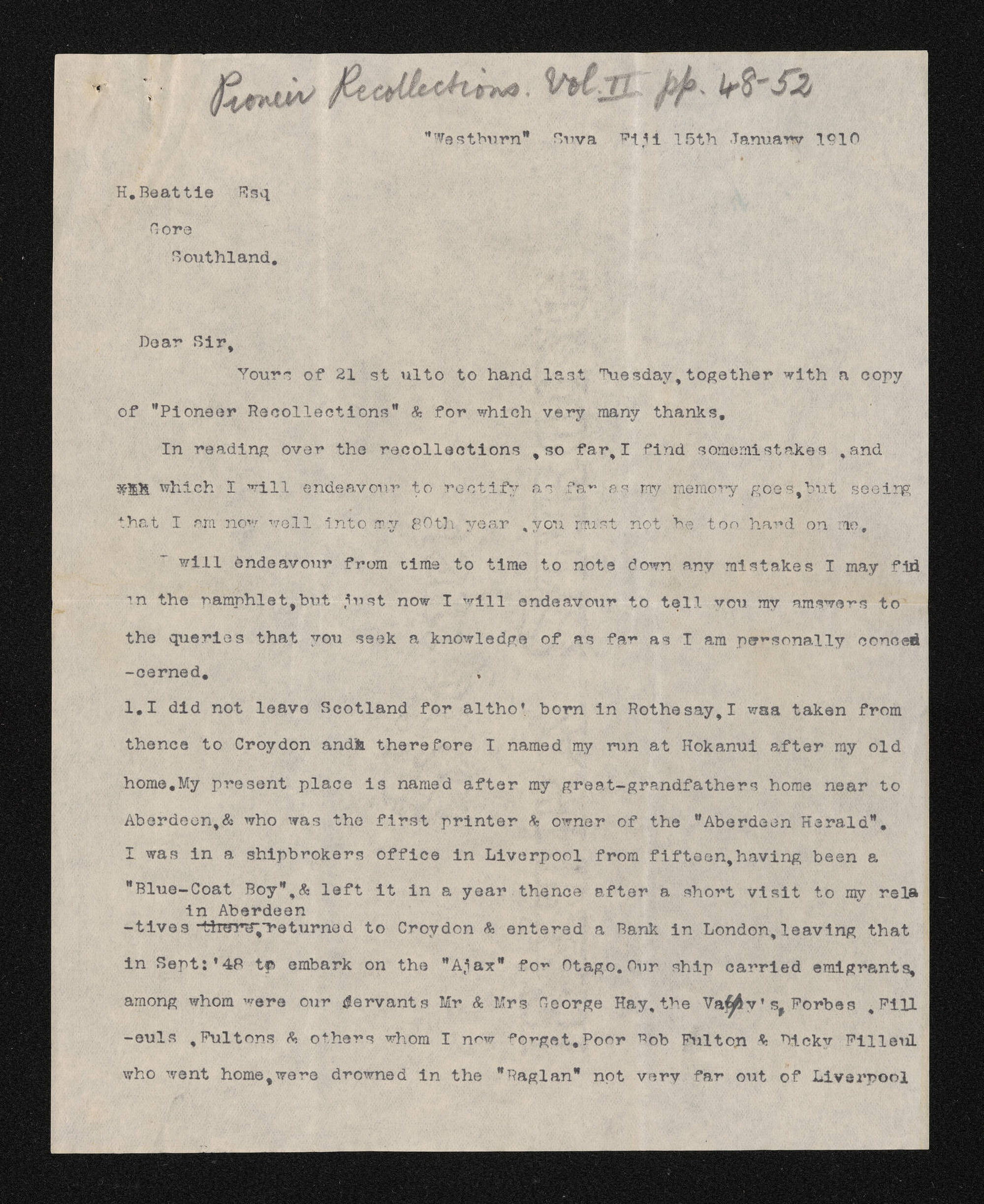 Letter, 15 January 1910, from Nath. Chalmers, to Herries Beattie
