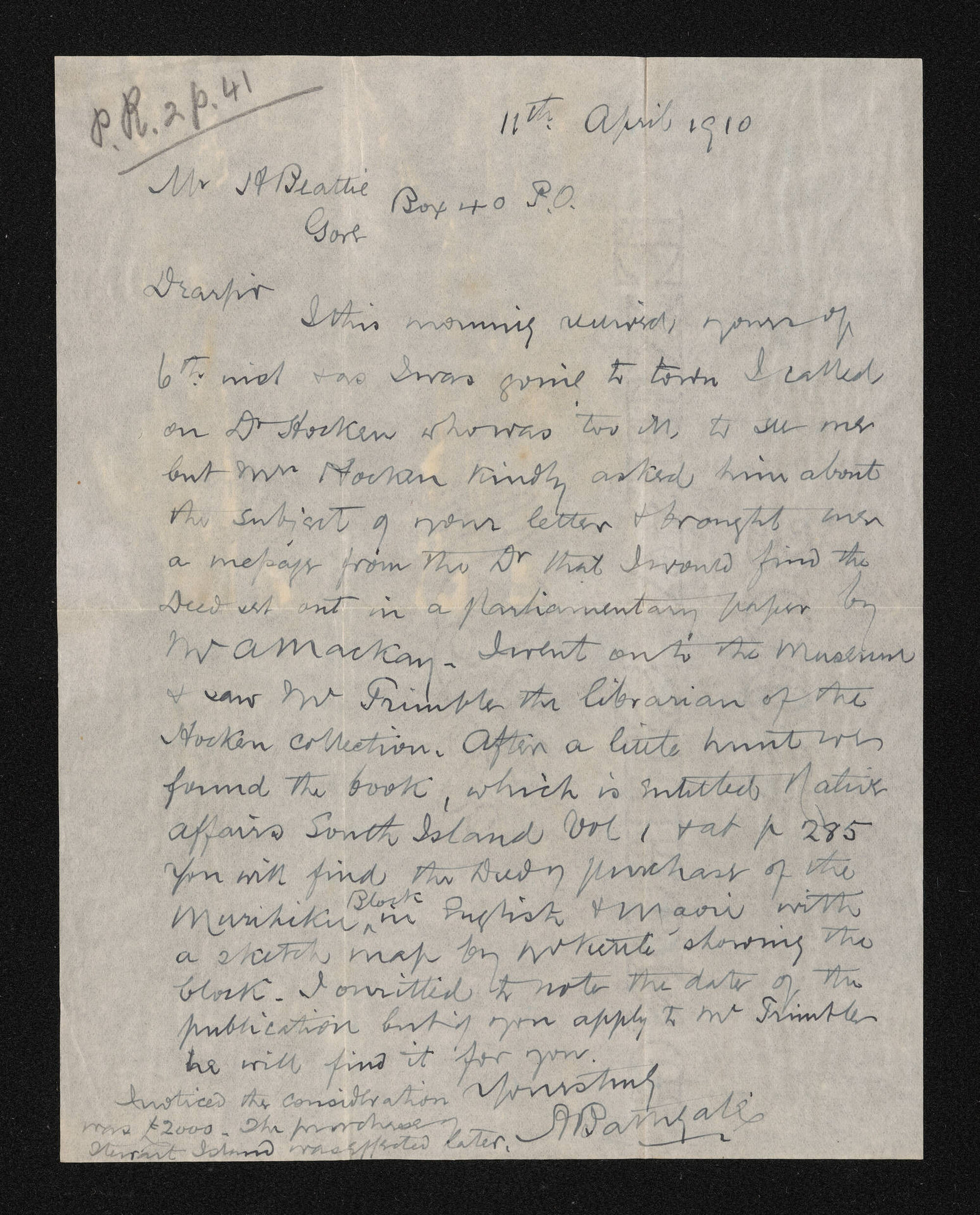 Letter, 11 April 1910, from A. Bathgate, to Herries Beattie