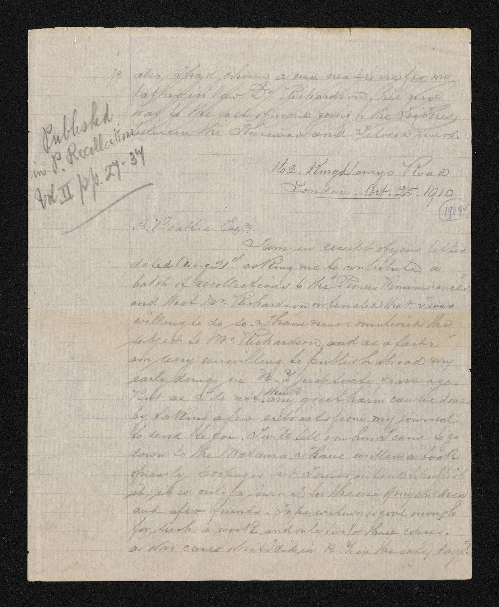 Letter, 25 October 1910, by Fred. L. Mieville, to Herries Beattie