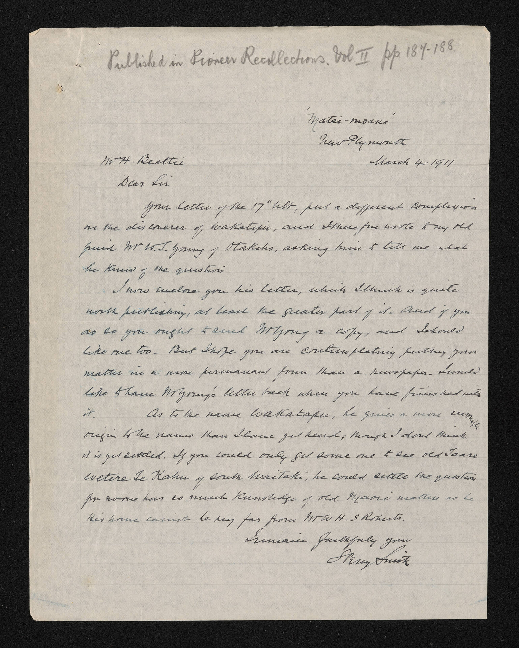 Letter, 4 March 1911, from S. Percy Smith, to Herries Beattie