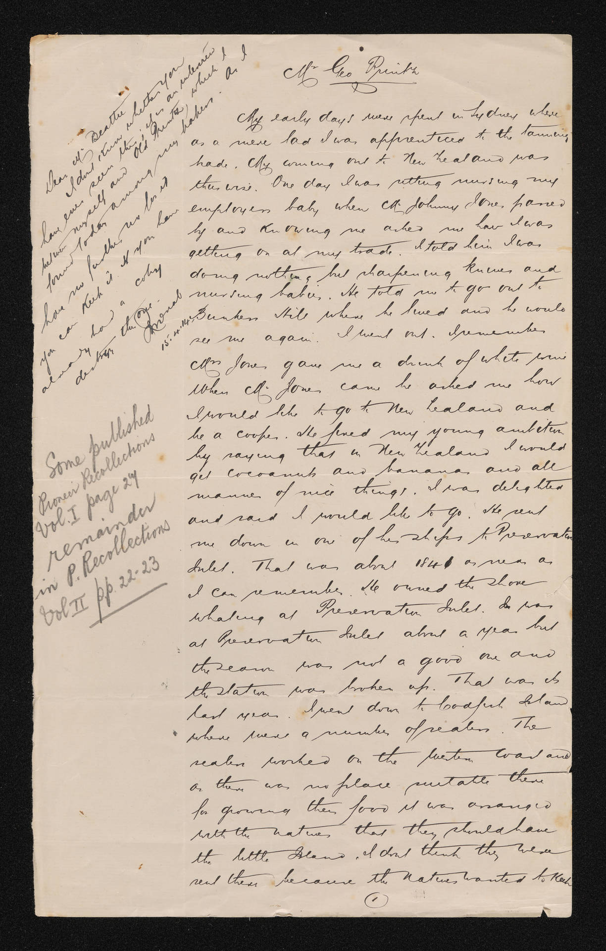 Letter, 15 April 1914, from R. McNab, to Herries Beattie, incorporating manuscript relating to George Printz
