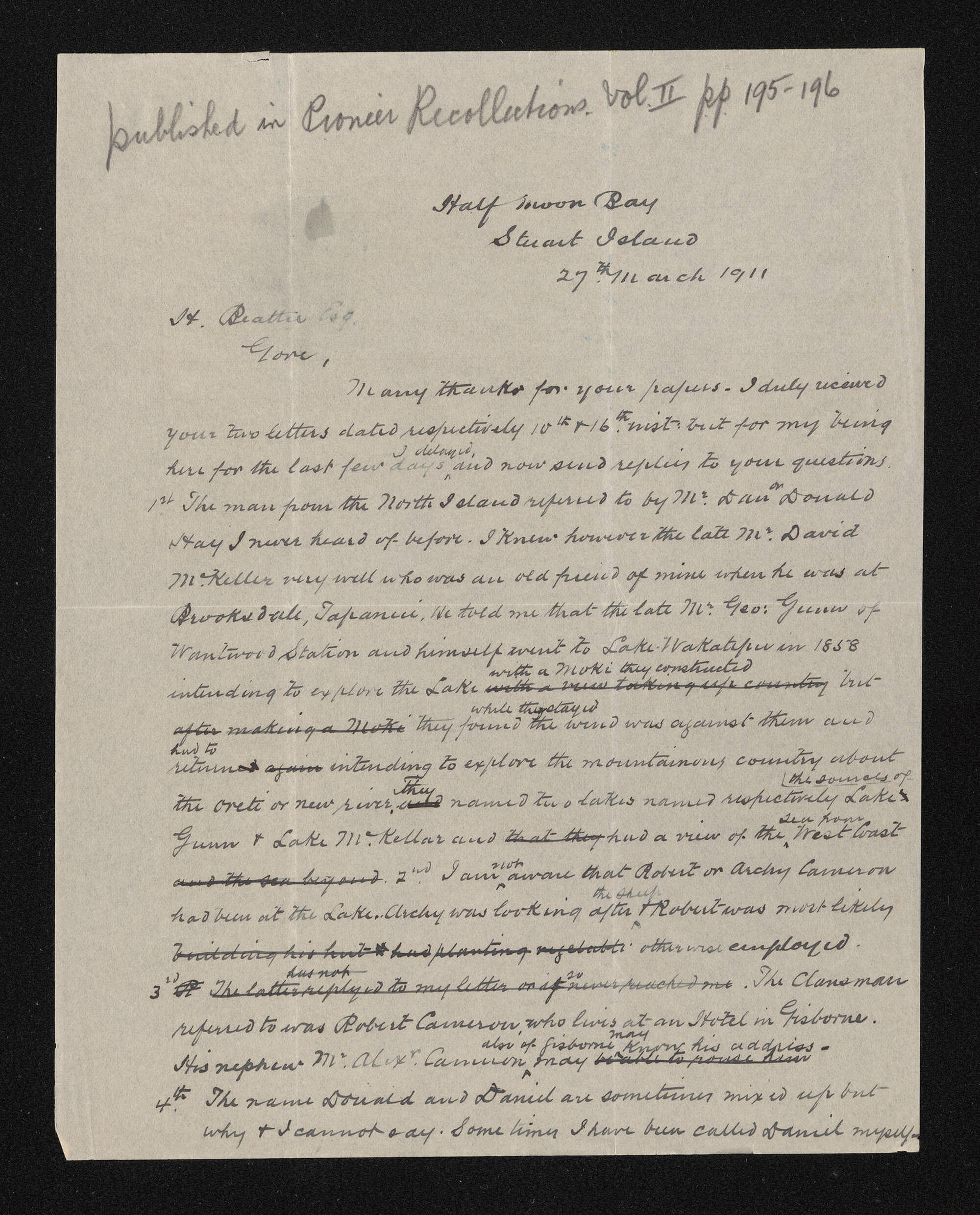 Letter, 27 March 1911, from D. A. Cameron, to Herries Beattie