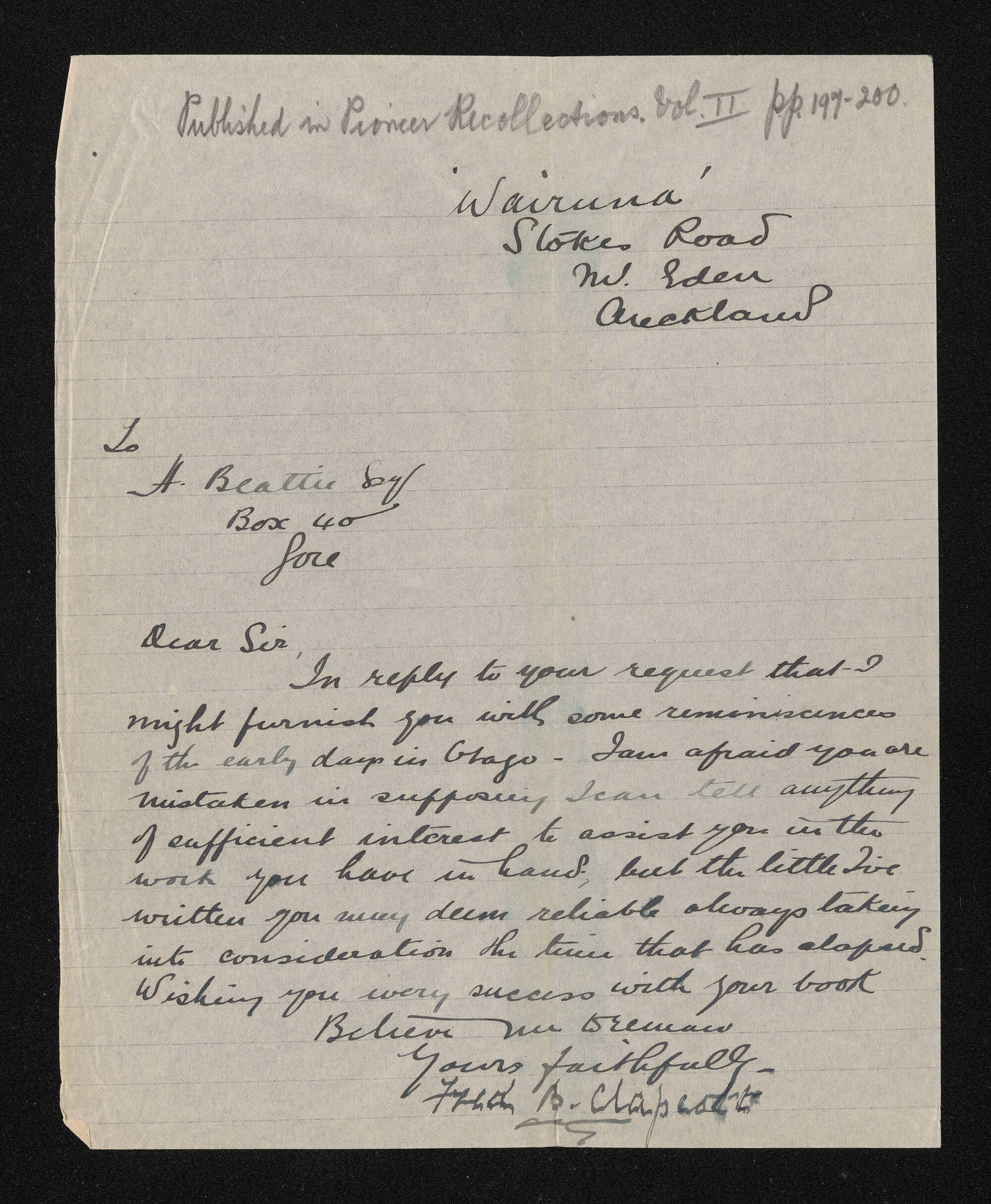 Letter, n.d., from Fred. B. Clapcott, to Herries Beattie