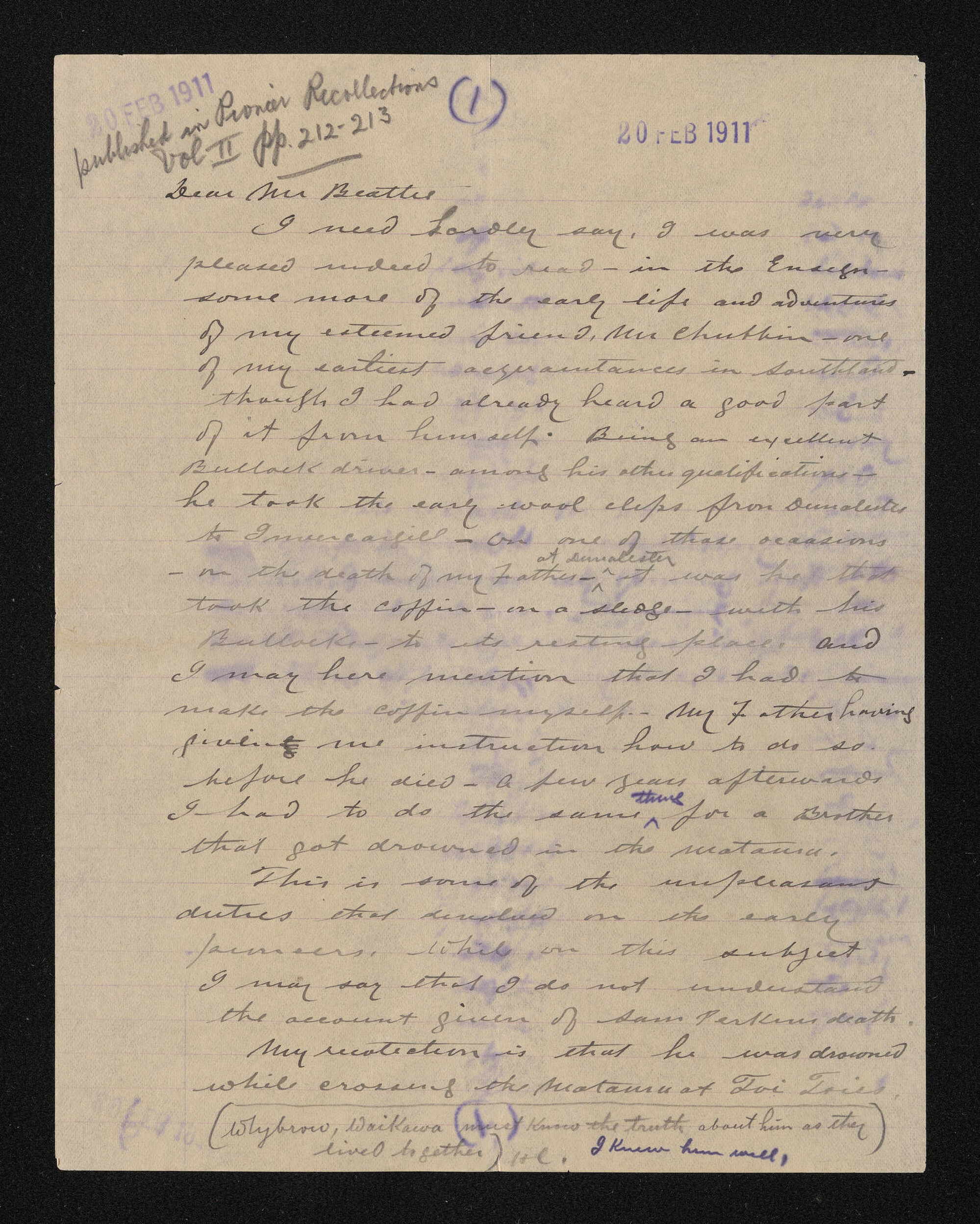 Letter, 20 February 1911, from Hugh Cameron, to Herries Beattie