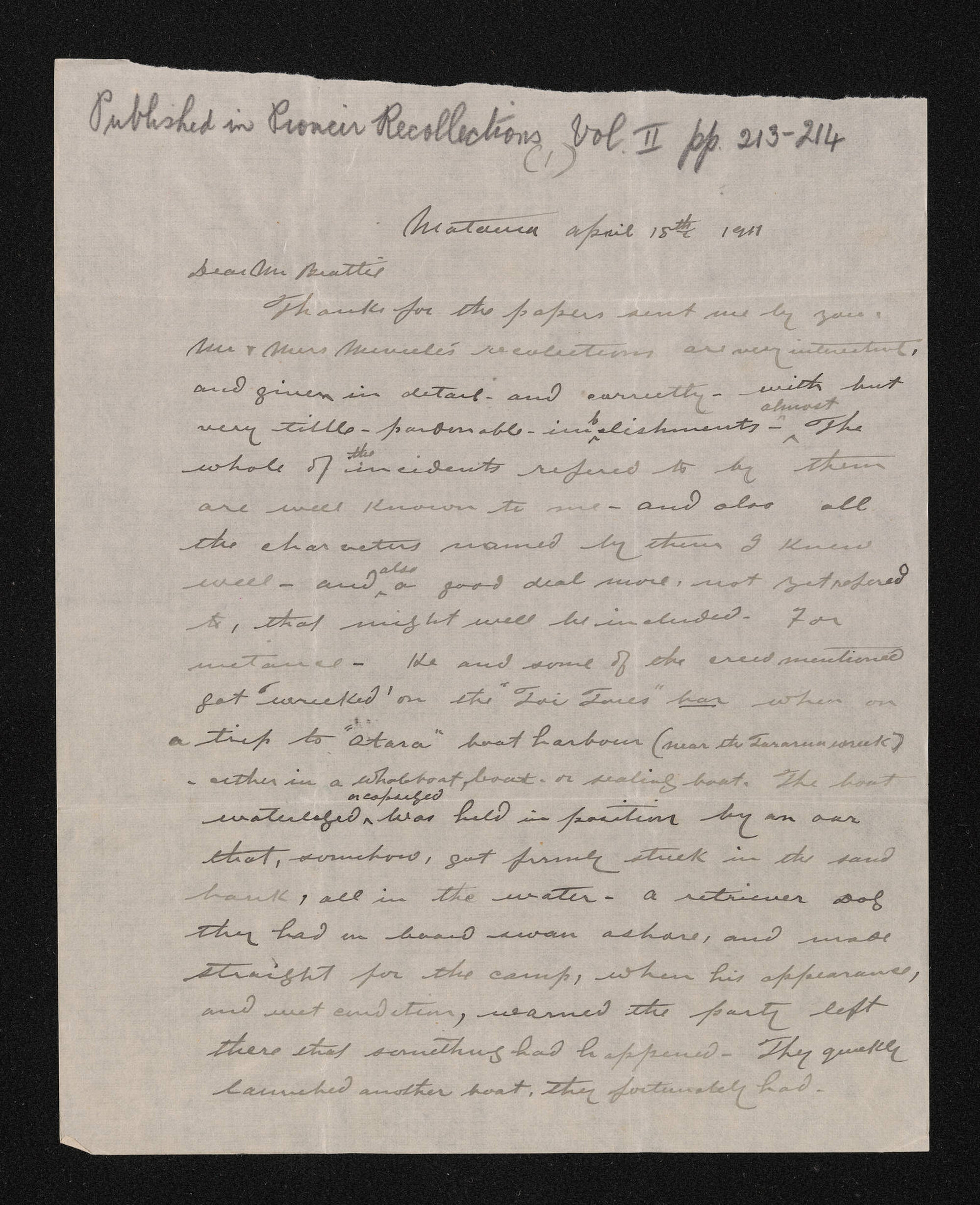 Letter, 18 April 1911, from H. Cameron, to Herries Beattie