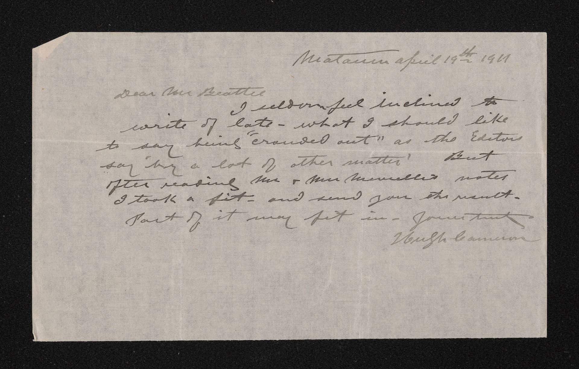 Letter, 19 April 1911, from Hugh Cameron, to Herries Beattie