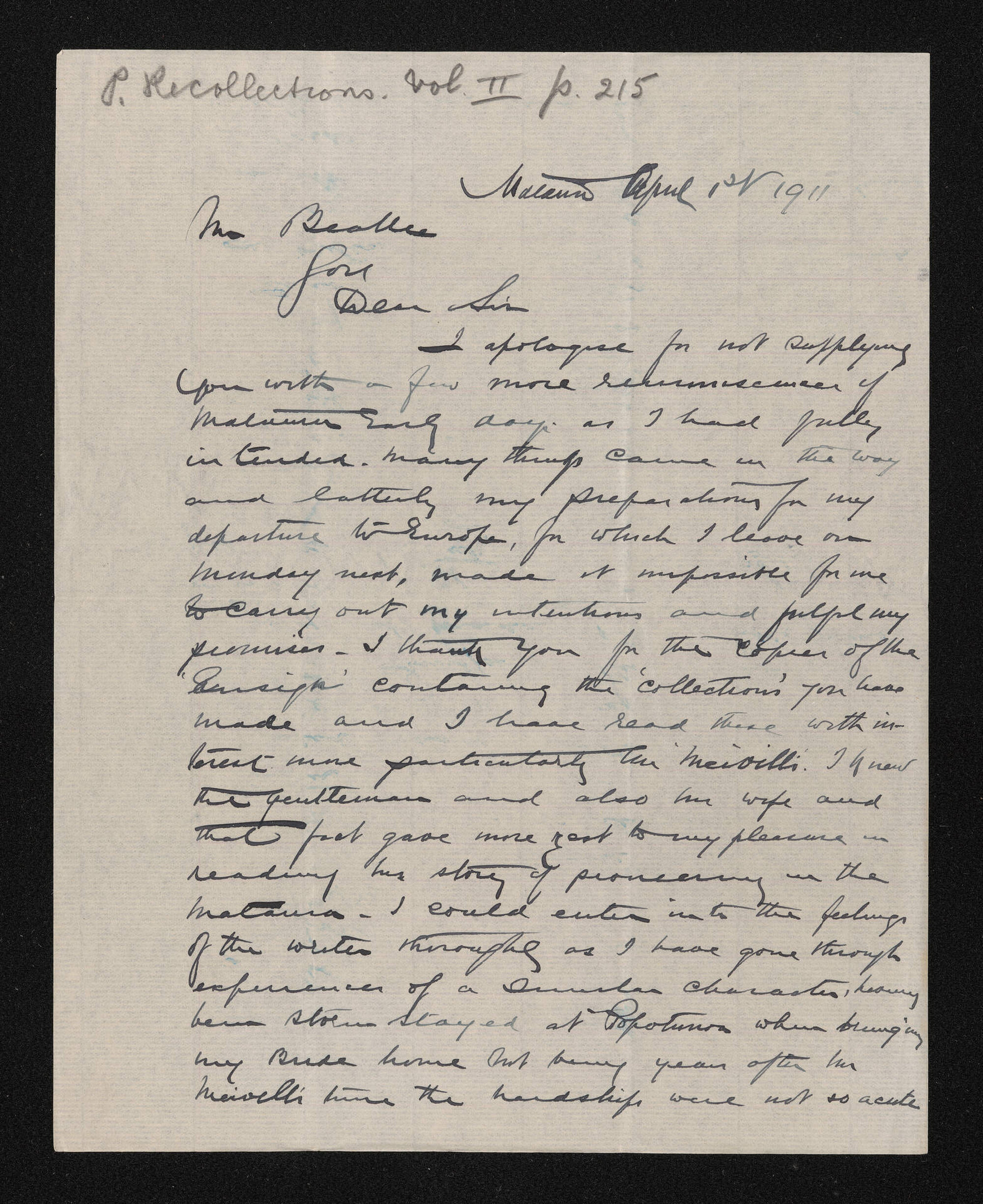 Letter, 1 April 1911, from Thomas MacGibbon, to Herries Beattie