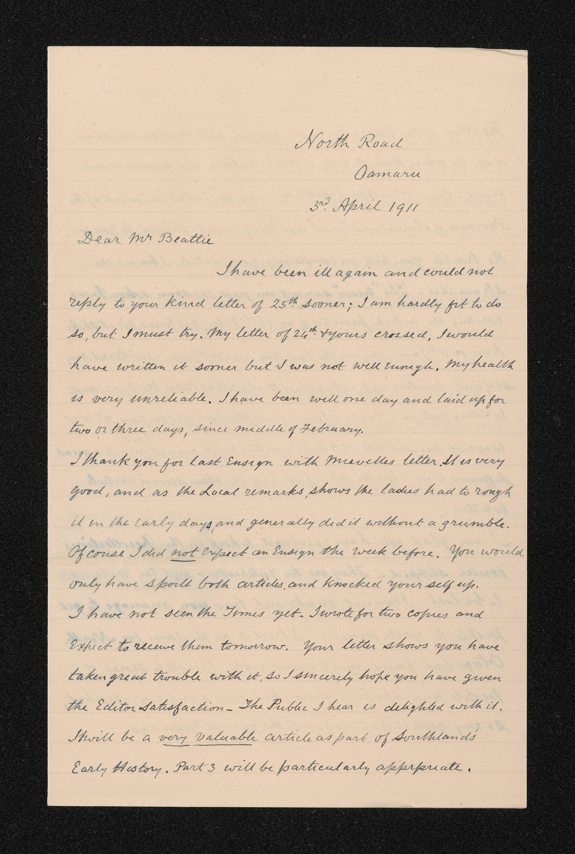 Letter, 3 April 1911, from W.H.S. Roberts, to Herries Beattie