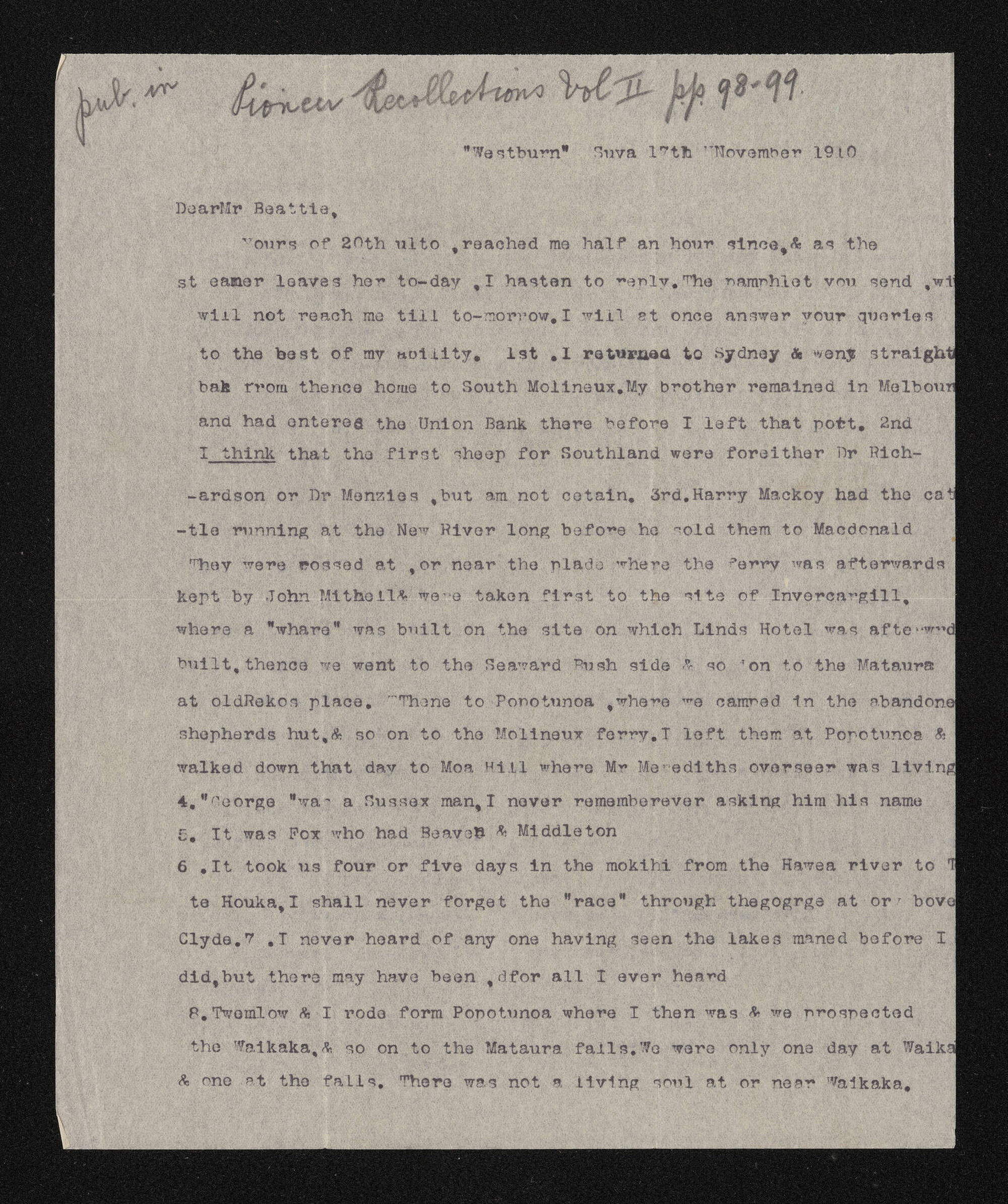 Letter, 17 November 1910, from Nath. Chalmers, to Herries Beattie