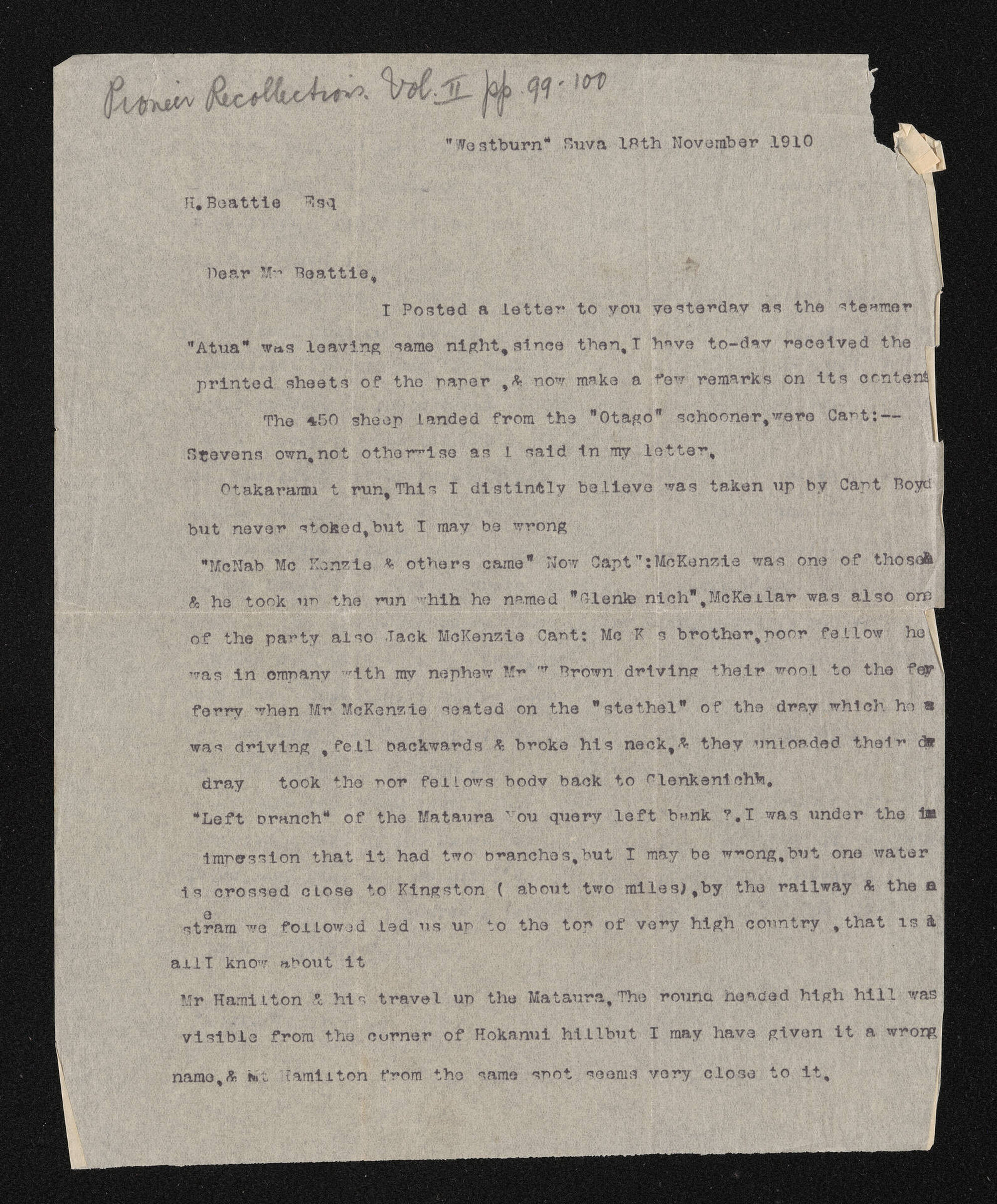 Letter, 18 November 1910, from Nath. Chalmers, to Herries Beattie