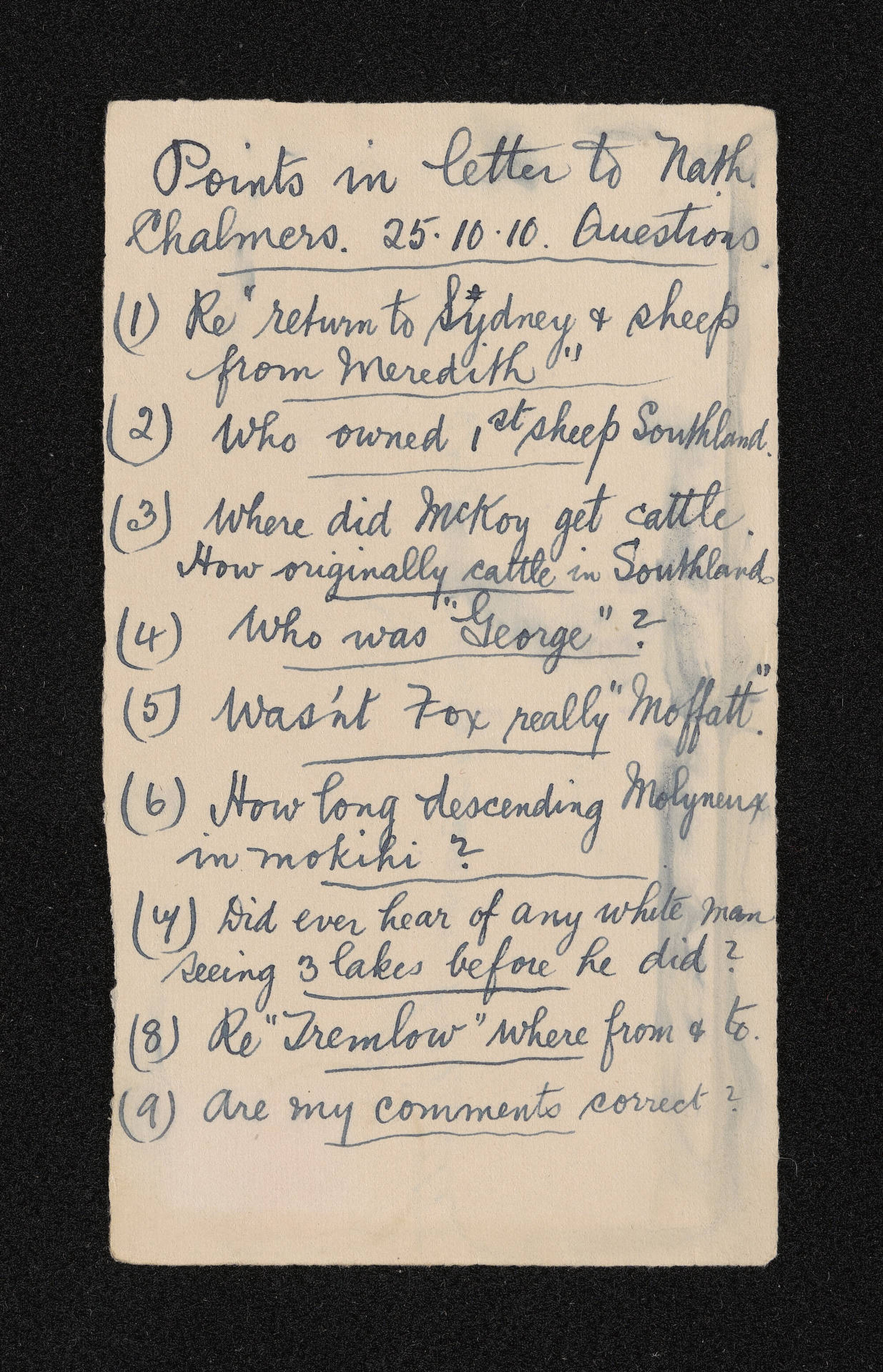 Fragment, 25 October 1910, 'Points in letter to Nath. Chalmers' by Herries Beattie