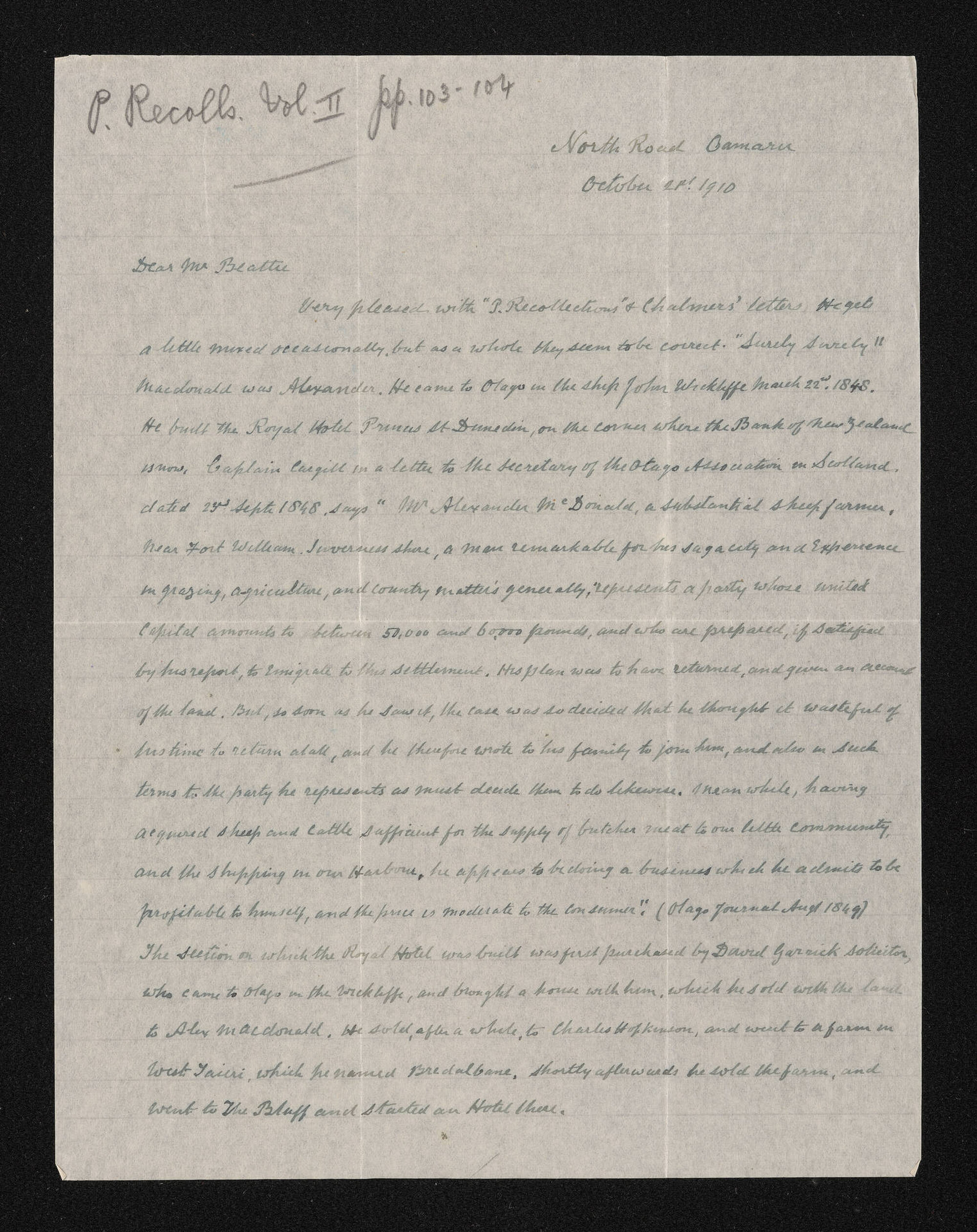 Letter, 21 October 1910, from W.H.S. Roberts, to Herries Beattie